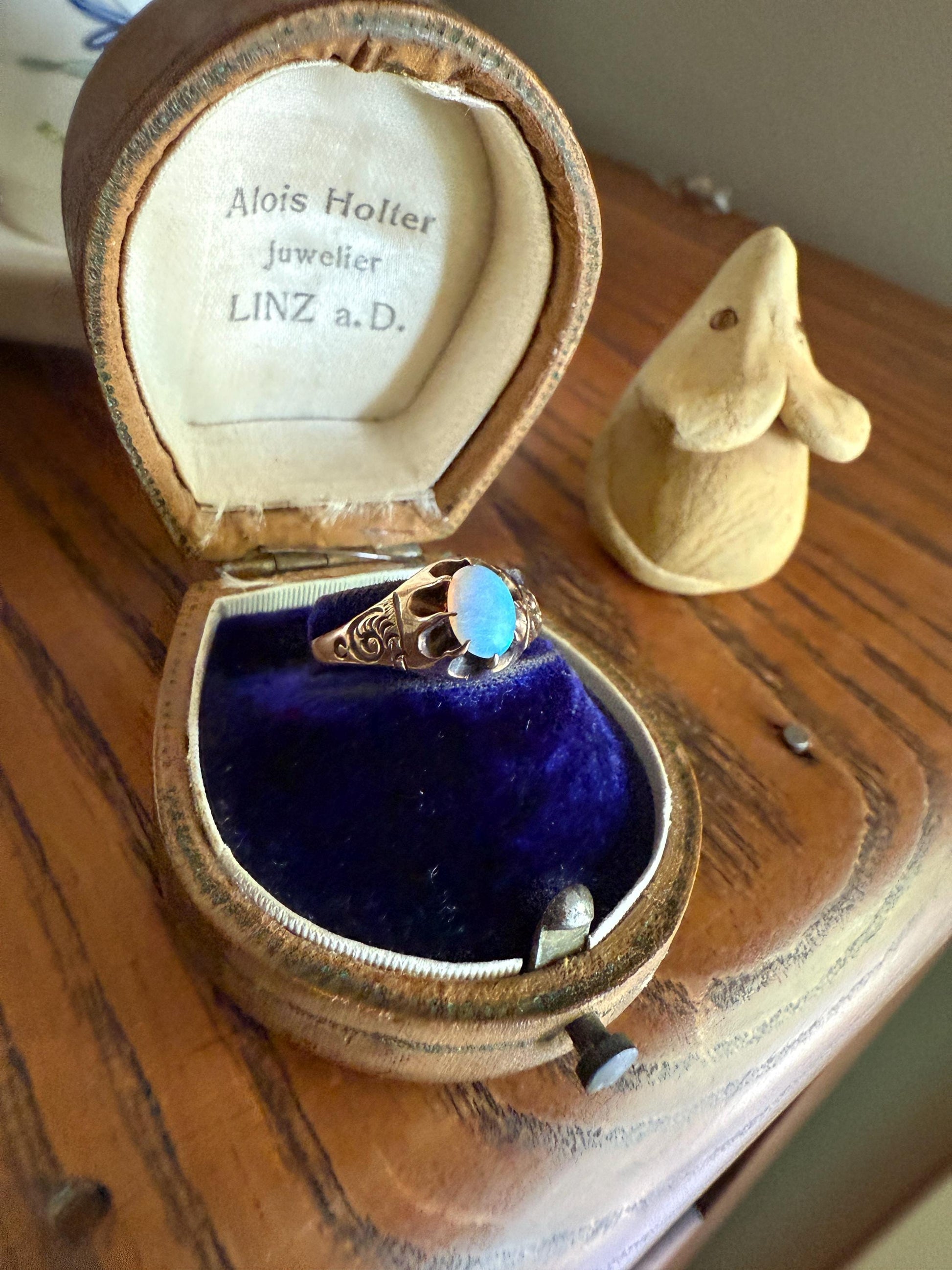 OPAL Blue Antique Oval Solitaire Ring 10k Rosy Gold Art Nouveau Romantic Gift Glowing Orb Minimalist Victorian A+ Color Swirl Shoulders