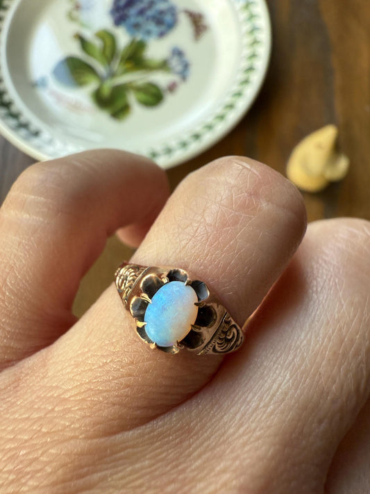 OPAL Blue Antique Oval Solitaire Ring 10k Rosy Gold Art Nouveau Romantic Gift Glowing Orb Minimalist Victorian A+ Color Swirl Shoulders