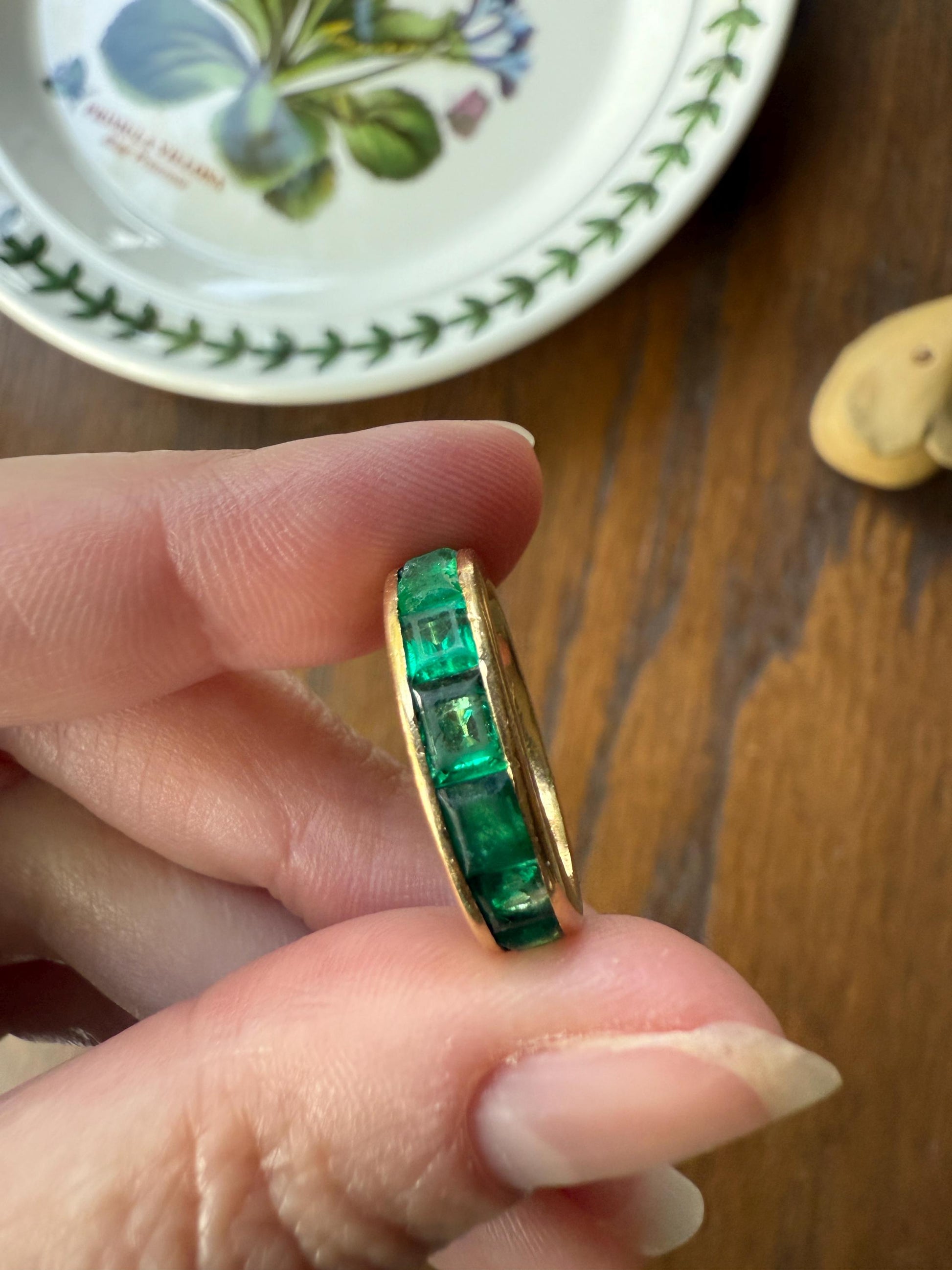 Vintage 5mm Channel Set 14 EMERALD Full ETERNITY Band Ring 18k Gold 2.25 Carat Skinny Line Stacker French Gift Rectangular Green Chunky