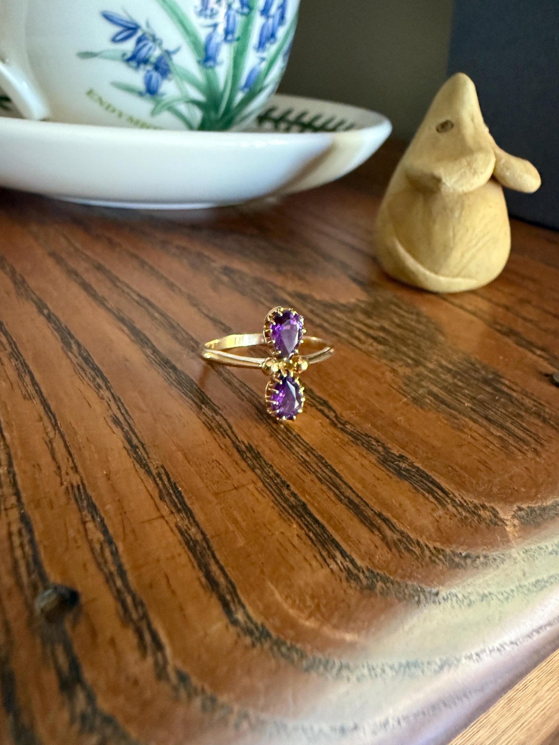 AMETHYST Purple Pear Two Stone Antique Oval Solitaire Ring 18k Gold French Victorian Belle Epoque Ornate Ball Rivet Crown Prongs Teardrop