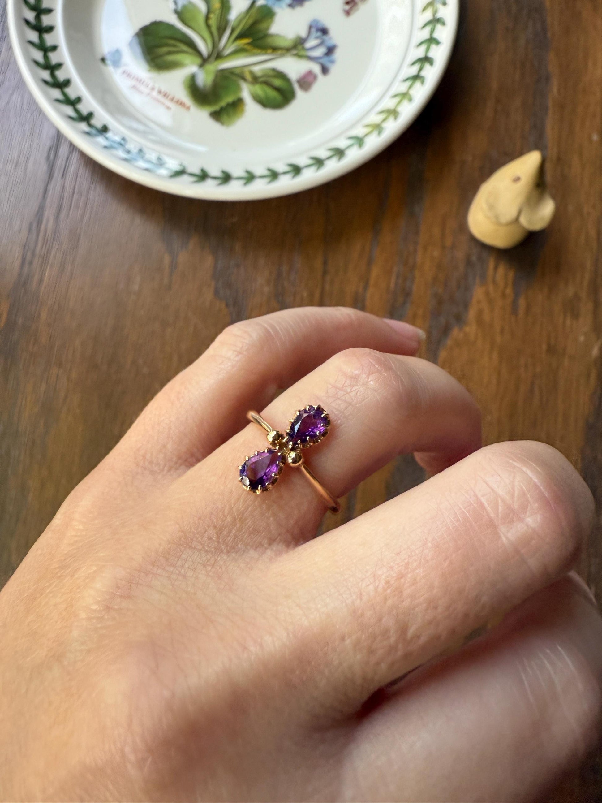 AMETHYST Purple Pear Two Stone Antique Oval Solitaire Ring 18k Gold French Victorian Belle Epoque Ornate Ball Rivet Crown Prongs Teardrop