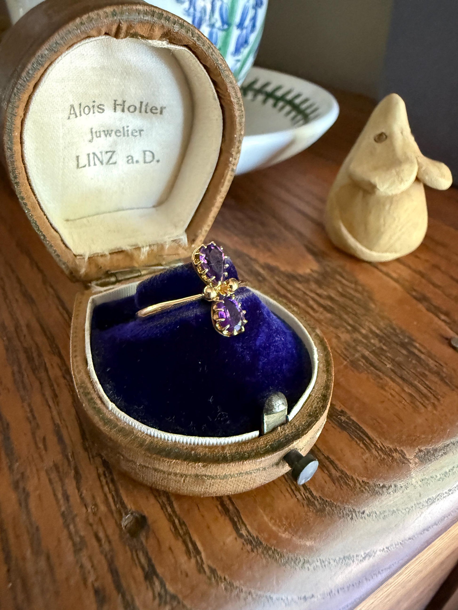 AMETHYST Purple Pear Two Stone Antique Oval Solitaire Ring 18k Gold French Victorian Belle Epoque Ornate Ball Rivet Crown Prongs Teardrop