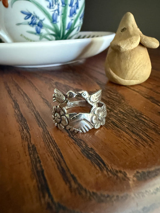 Victorian Antique LOVE BIRDS Floral French Fede Betrothal Ring Solid Silver Figural Traditional Engagement Unique Stacker Faith Promise Band