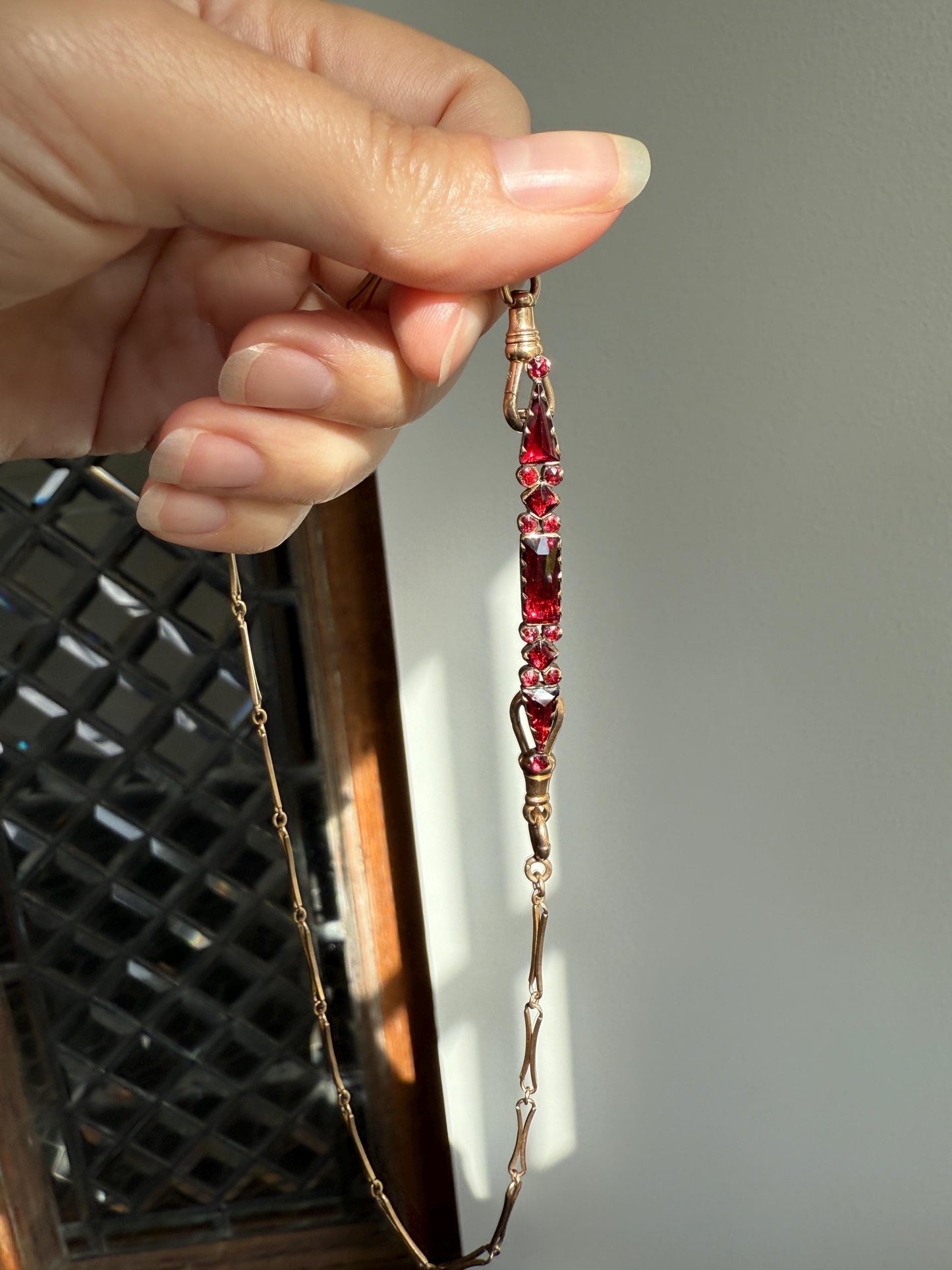 PERPIGNAN Garnet Purple Pink Bar Line Brooch for Pendant Conversion French Antique Victorian 18k Gold Extender Connector Unique Triangle