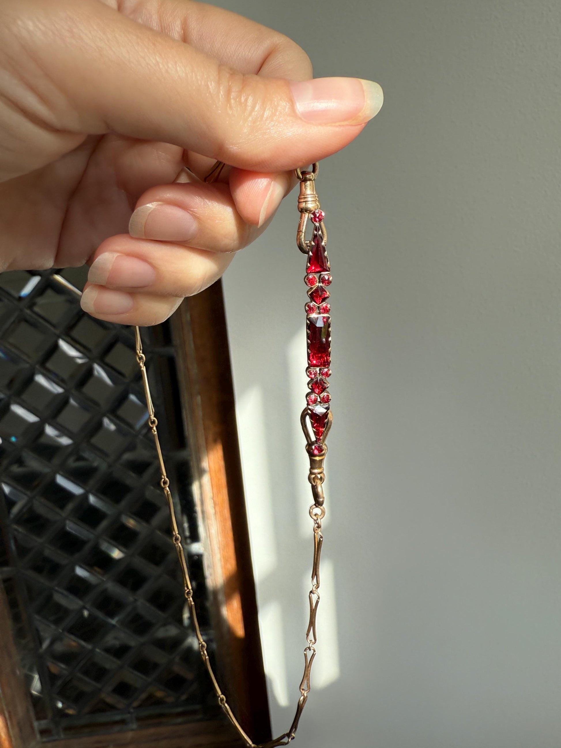 PERPIGNAN Garnet Purple Pink Bar Line Brooch for Pendant Conversion French Antique Victorian 18k Gold Extender Connector Unique Triangle