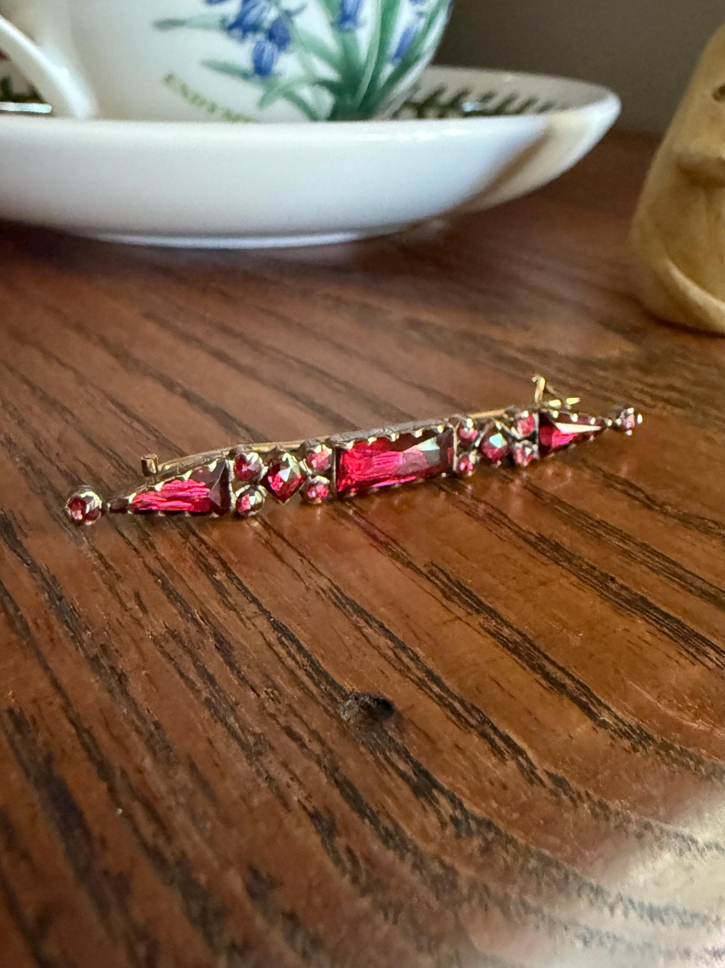 PERPIGNAN Garnet Purple Pink Bar Line Brooch for Pendant Conversion French Antique Victorian 18k Gold Extender Connector Triangle Cut