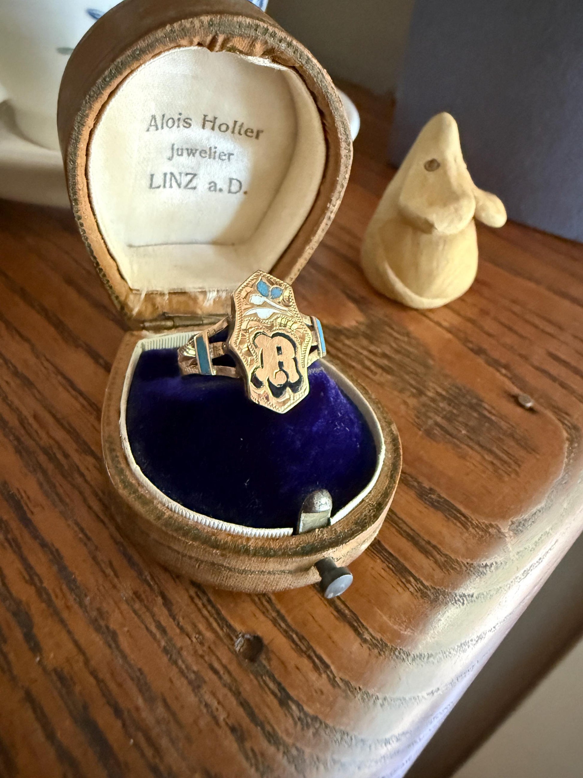 R is For Ricordo (Remembrance / Souvenir) or ? Love Band 14k Gold Iberian Ring Black Blue Enamel Shield Signet Man or Unisex Letter Initial