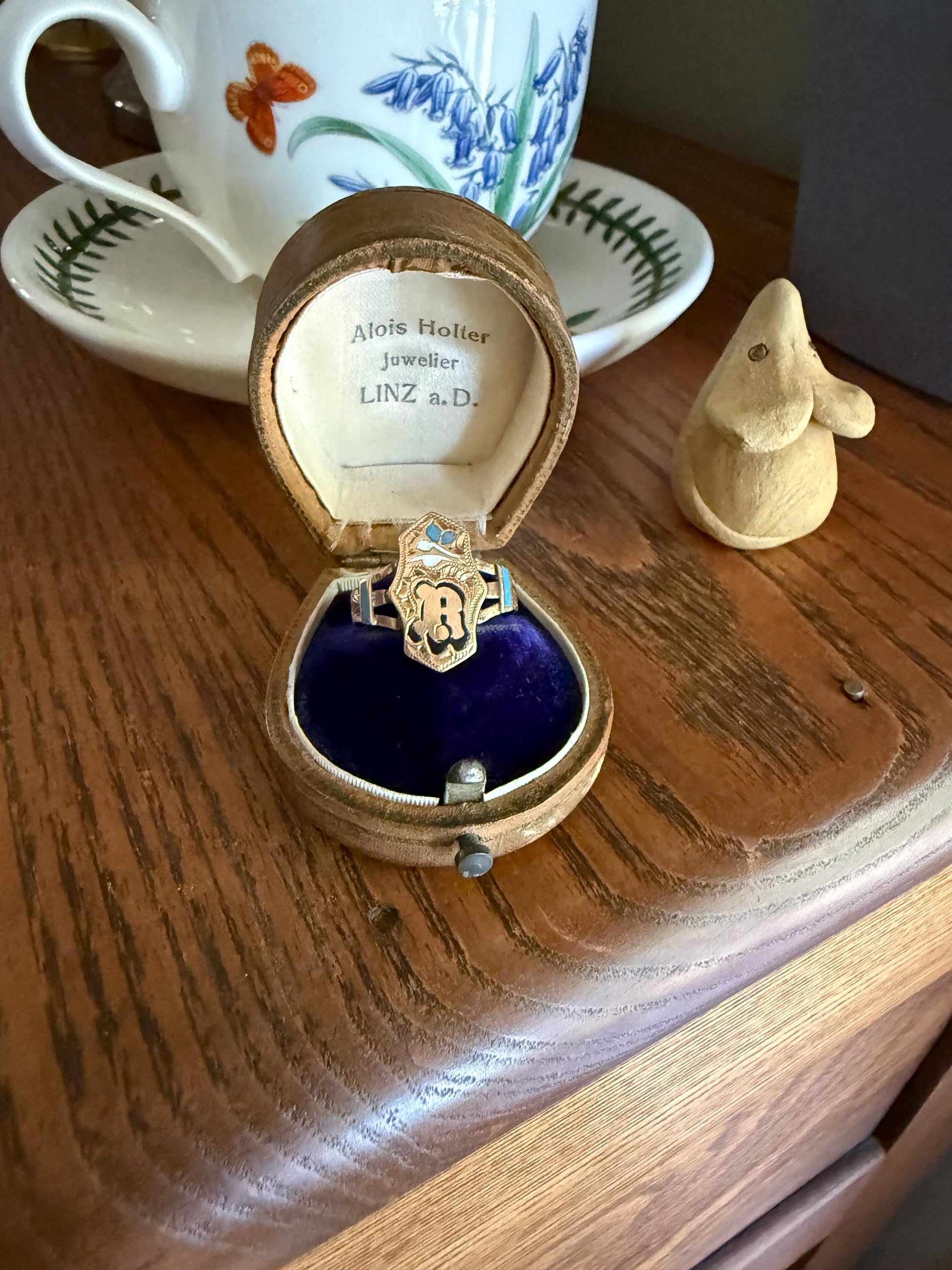 R is For Ricordo (Remembrance / Souvenir) or ? Love Band 14k Gold Iberian Ring Black Blue Enamel Shield Signet Man or Unisex Letter Initial