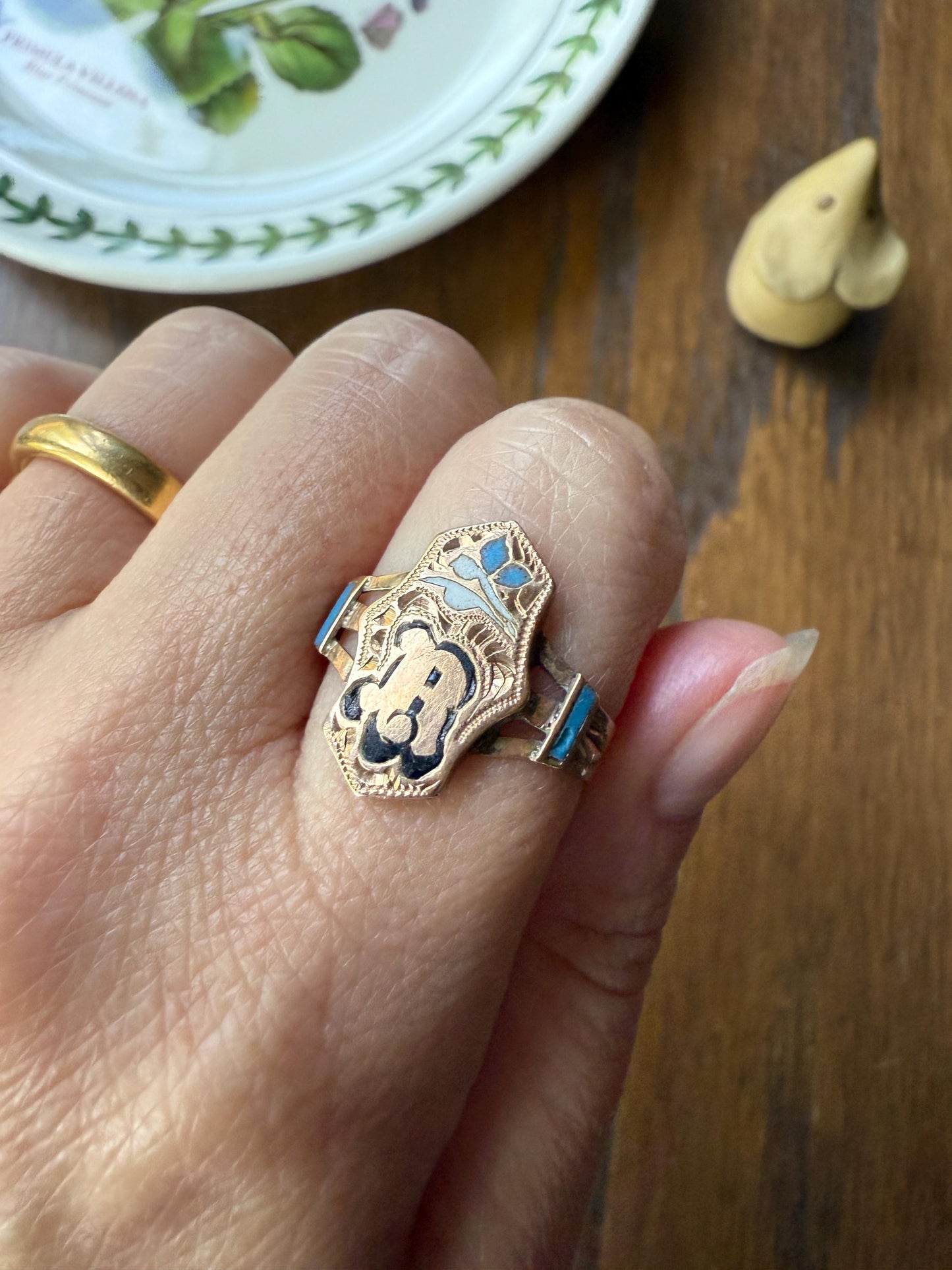 R is For Ricordo (Remembrance / Souvenir) or ? Love Band 14k Gold Iberian Ring Black Blue Enamel Shield Signet Man or Unisex Letter Initial