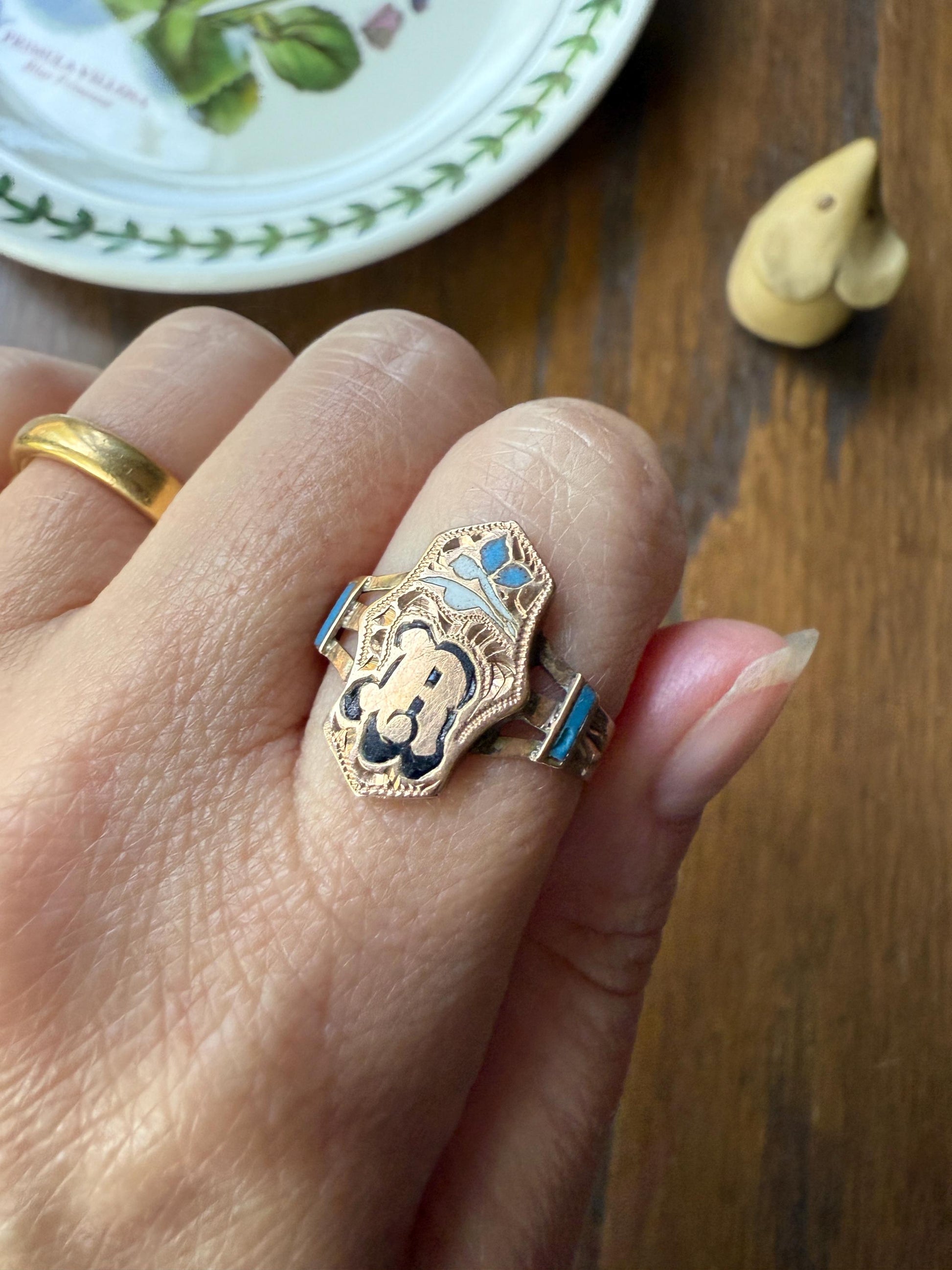 R is For Ricordo (Remembrance / Souvenir) or ? Love Band 14k Gold Iberian Ring Black Blue Enamel Shield Signet Man or Unisex Letter Initial