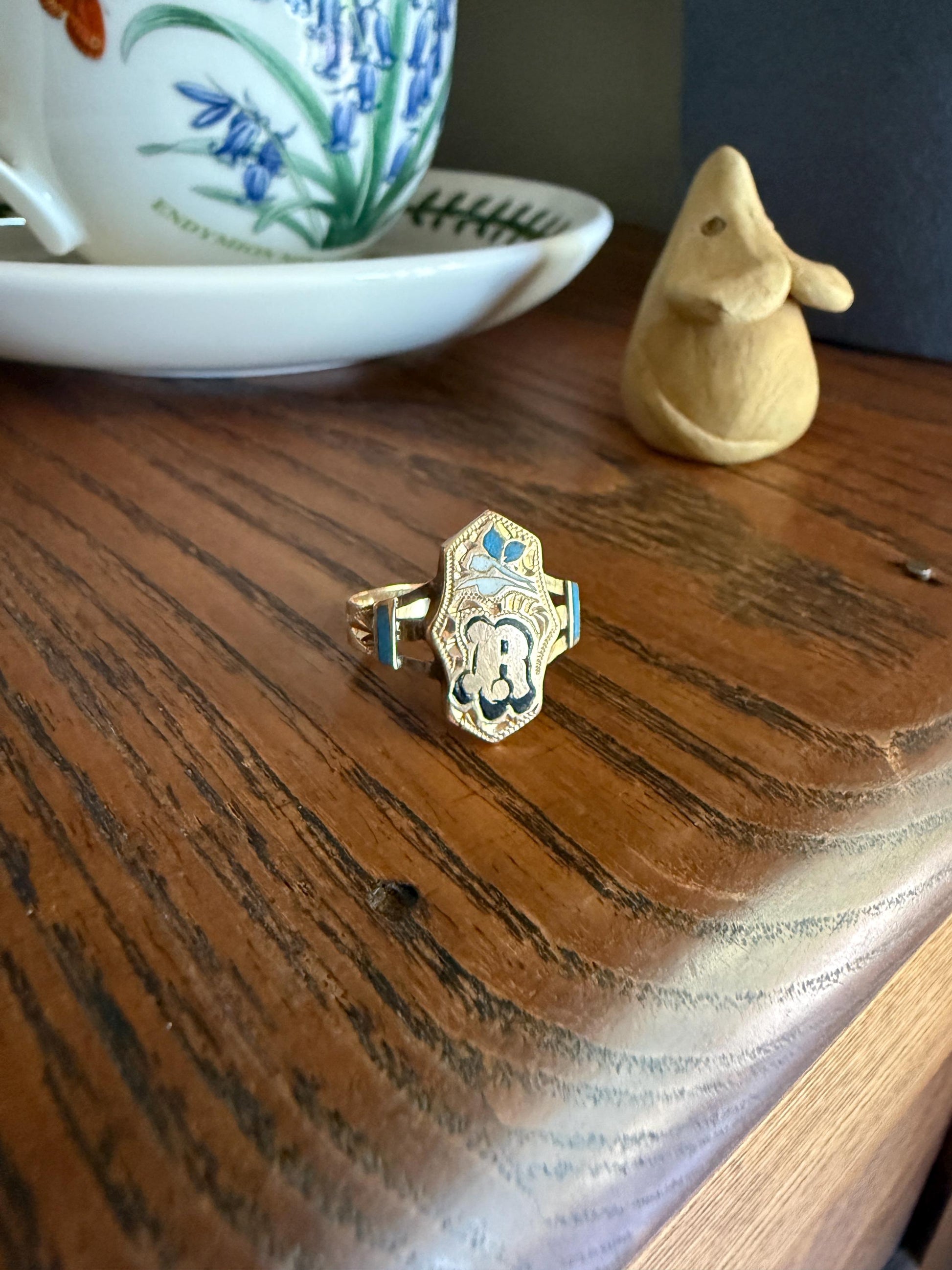 R is For Ricordo (Remembrance / Souvenir) or ? Love Band 14k Gold Iberian Ring Black Blue Enamel Shield Signet Man or Unisex Letter Initial