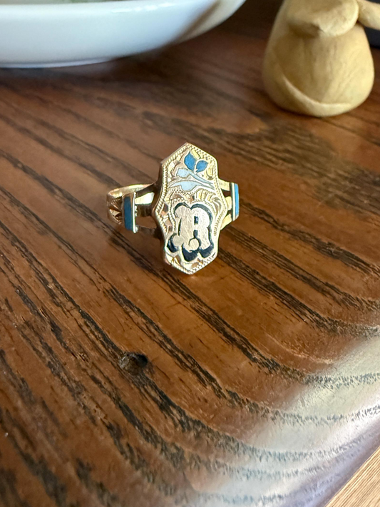 R is For Ricordo (Remembrance / Souvenir) or ? Love Band 14k Gold Antique Victorian Ring Black Blue Enamel Shield Signet Letter Initial