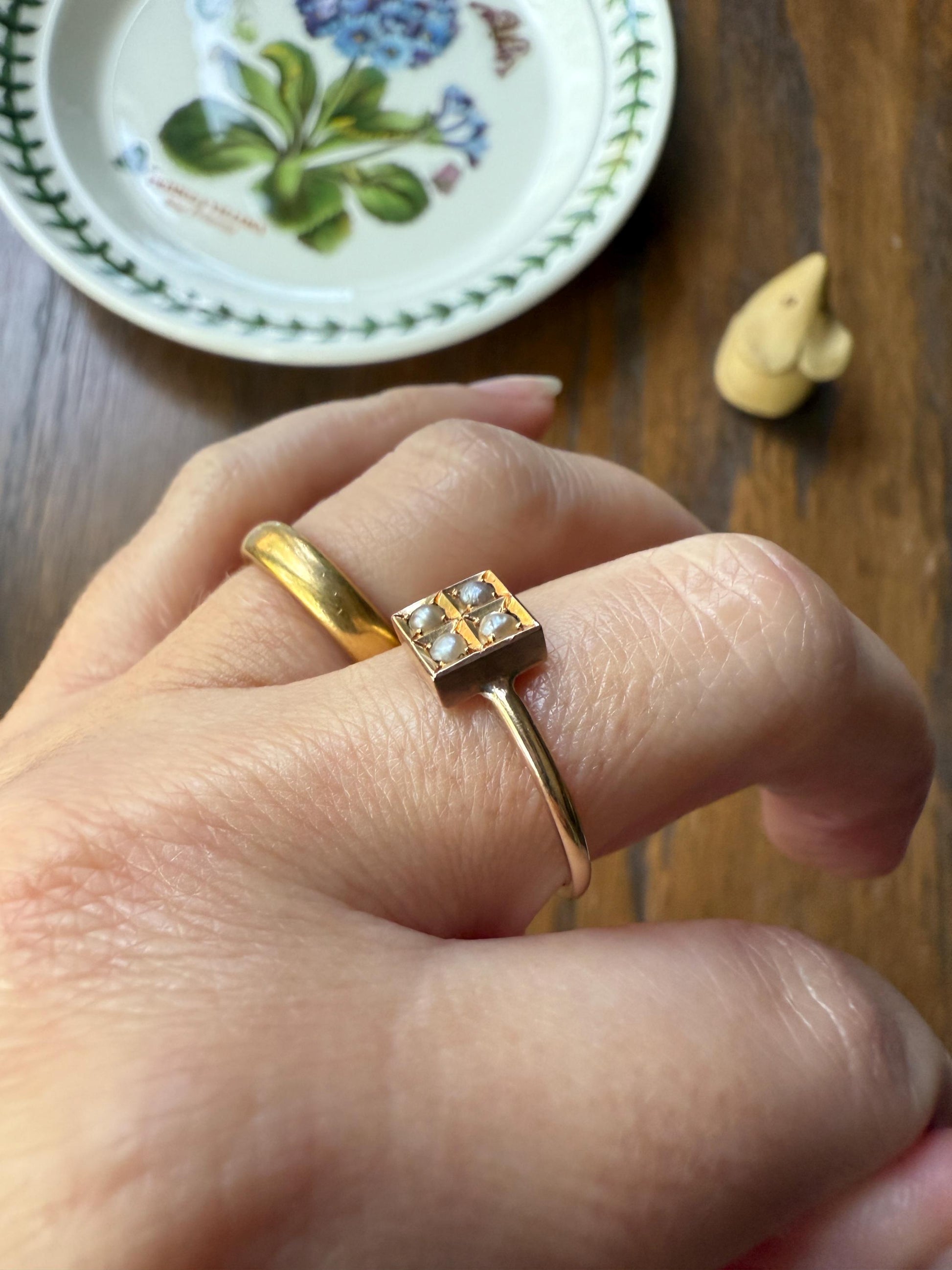 Antique 18k Gold Four Pearl Grid Ring Square Geometric Stacker Donut Band Panel Platform Lozenge Cube