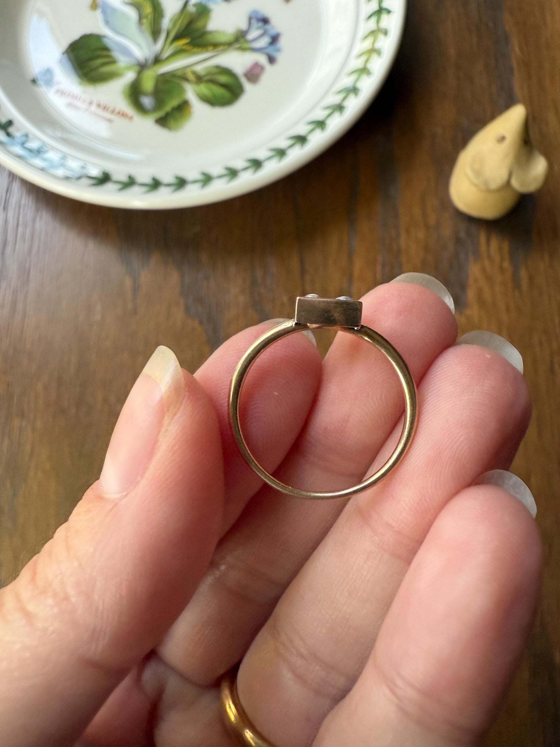 Antique 18k Gold Four Pearl Grid Ring Square Geometric Stacker Donut Band Panel Platform Lozenge Cube