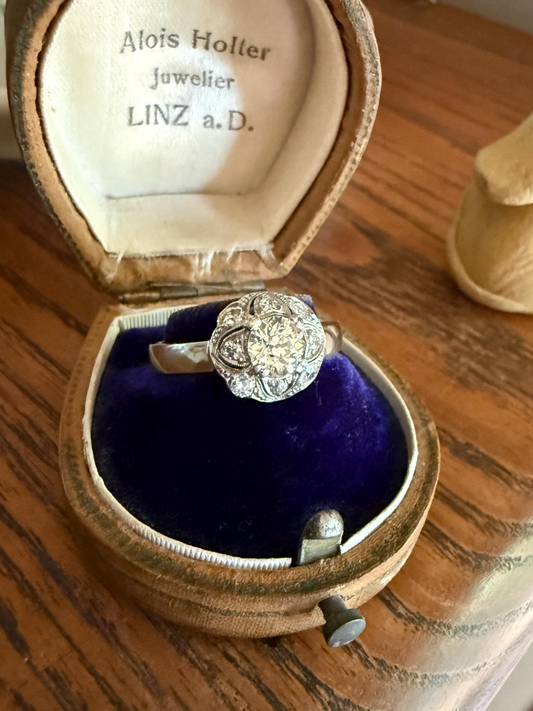 Vintage 1 Carat Tdw Antique Old European Cut Diamonds 18k White Gold Ring Scandinavian Domed Ornate Cluster Ring Art Deco Edwardian Style