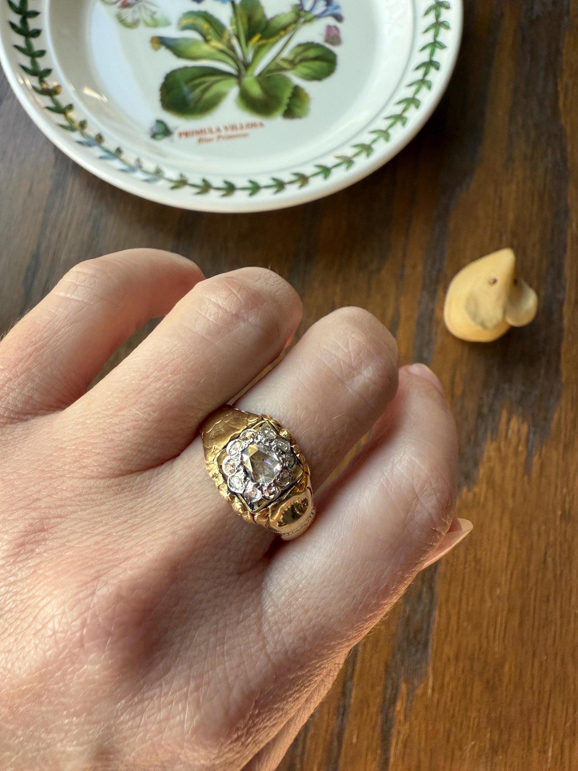 Chunky ANTIQUE Rose Cut Diamond Daisy Cluster Wide Band Heavy 18k Gold Gypsy Georgian Victorian Signet Man or Unisex Face Up 1 Carat Pink