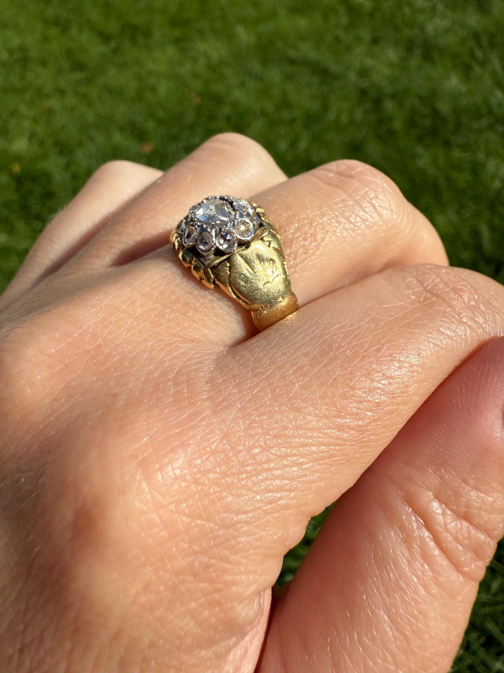Chunky ANTIQUE Rose Cut Diamond Daisy Cluster Wide Band Heavy 18k Gold Gypsy Georgian Victorian Signet Man or Unisex Face Up 1 Carat Pink