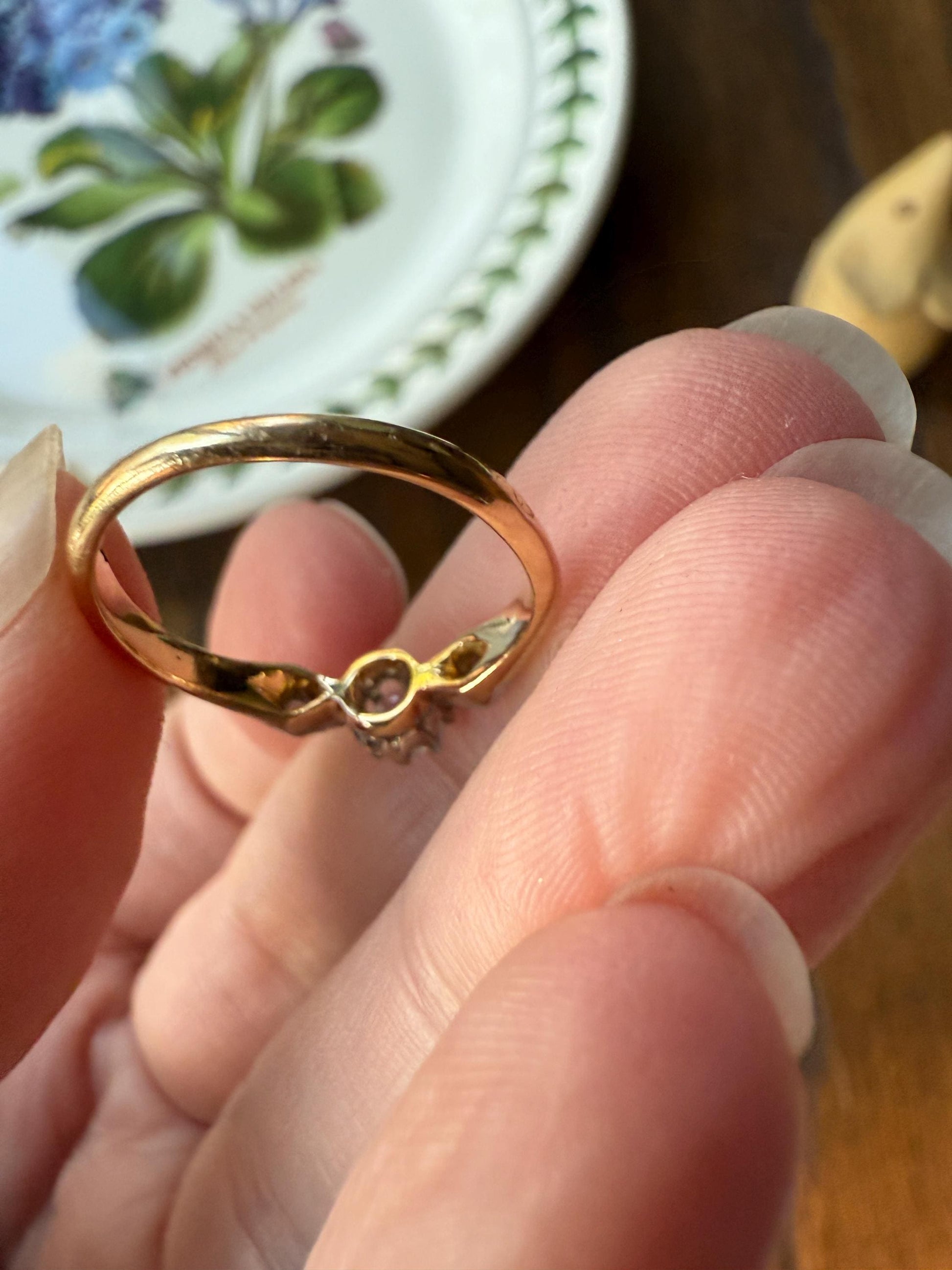 Classic Antique .3 Carat Old Mine Cut Diamond Solitaire & Accents 18k Gold French Victorian Engagement Ring Band Minimalist Stacker OMC