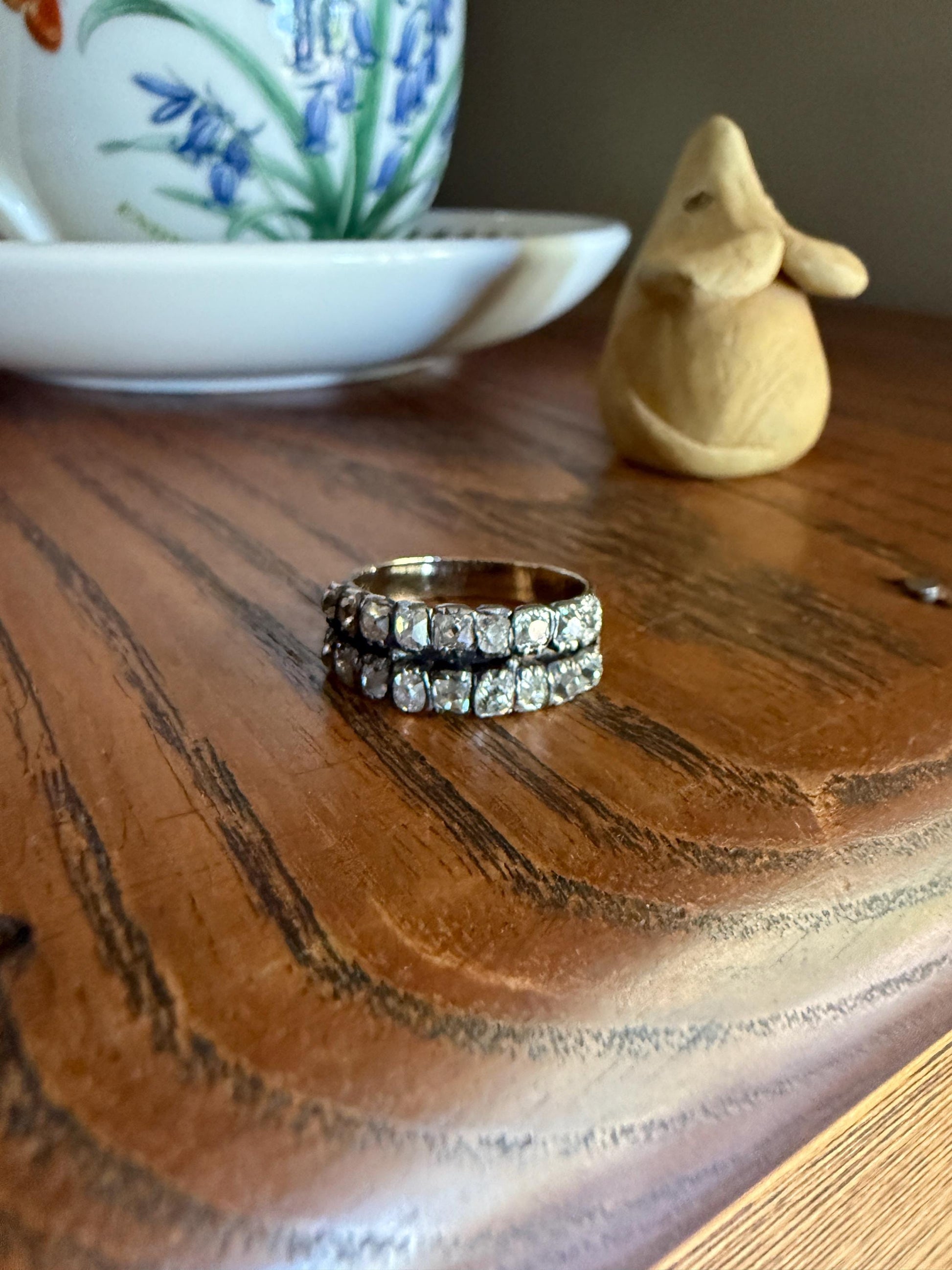 Antique 1.25 Carat Chunky Old Mine Cut DIAMOND Georgian 10k Gold Half Hoop Cigar Band Double Row Ring Silver Collets Gift Stacker 1.25Ct OMC