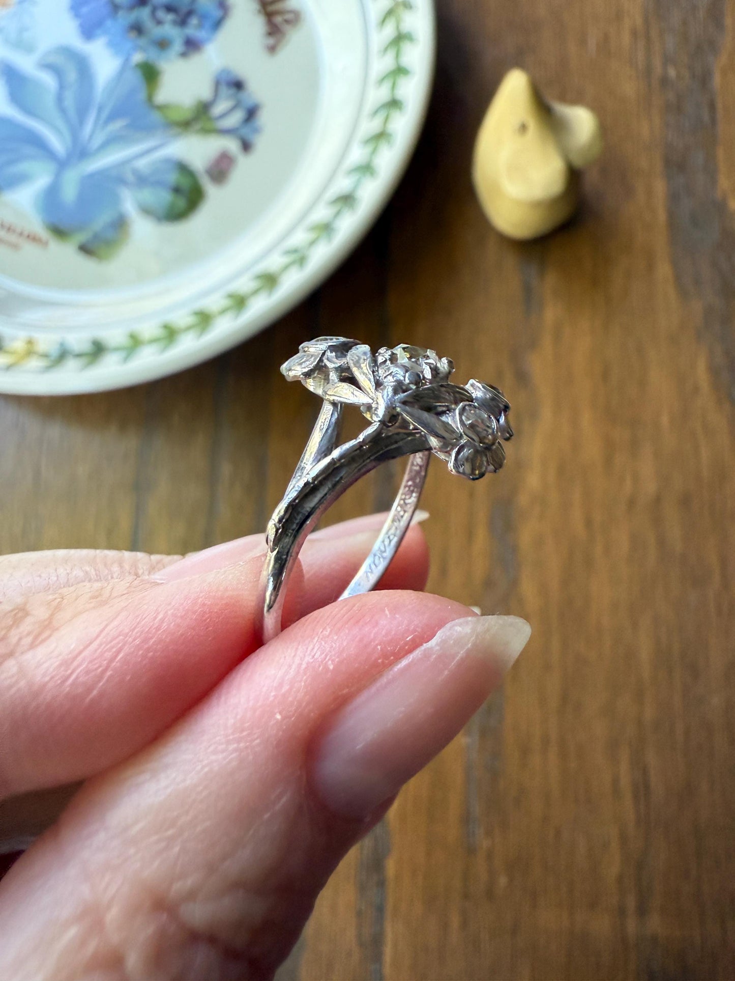 DRAGONFLY Special Dated 1922 Antique Ring 0.7 Carat Old Mine Cut DIAMONDS 18k White Gold Figural Flower Bouquet French Art Deco .7Ctw OMC