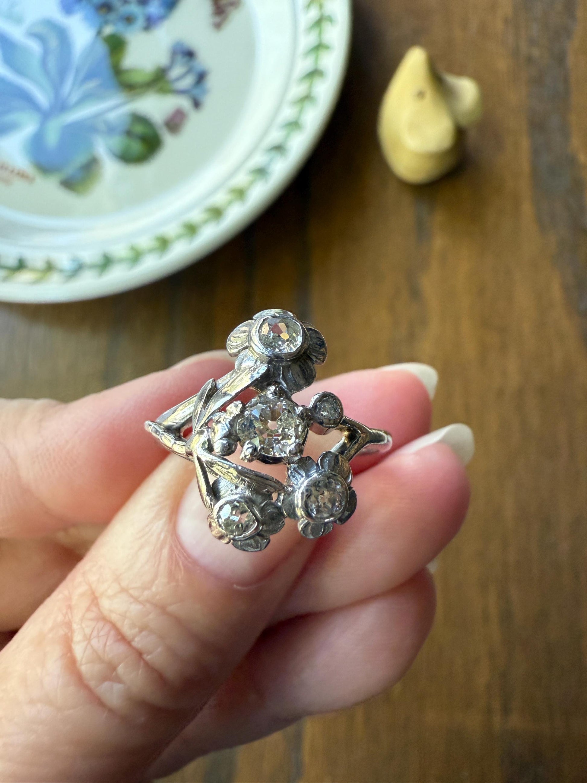 DRAGONFLY Special Dated 1922 Antique Ring 0.7 Carat Old Mine Cut DIAMONDS 18k White Gold Figural Flower Bouquet French Art Deco .7Ctw OMC