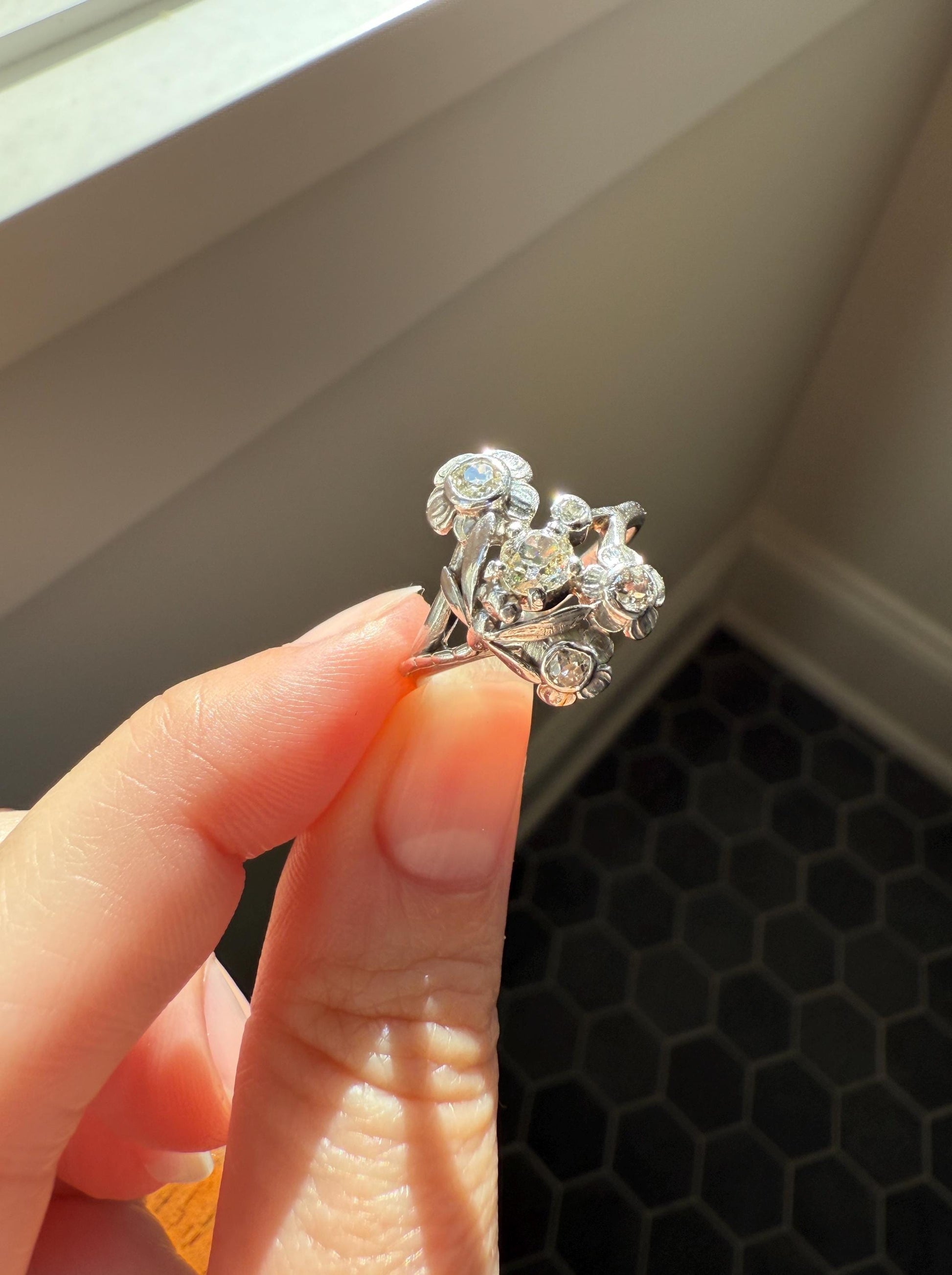 DRAGONFLY Special Dated 1922 Antique Ring 0.7 Carat Old Mine Cut DIAMONDS 18k White Gold Figural Flower Bouquet French Art Deco .7Ctw OMC