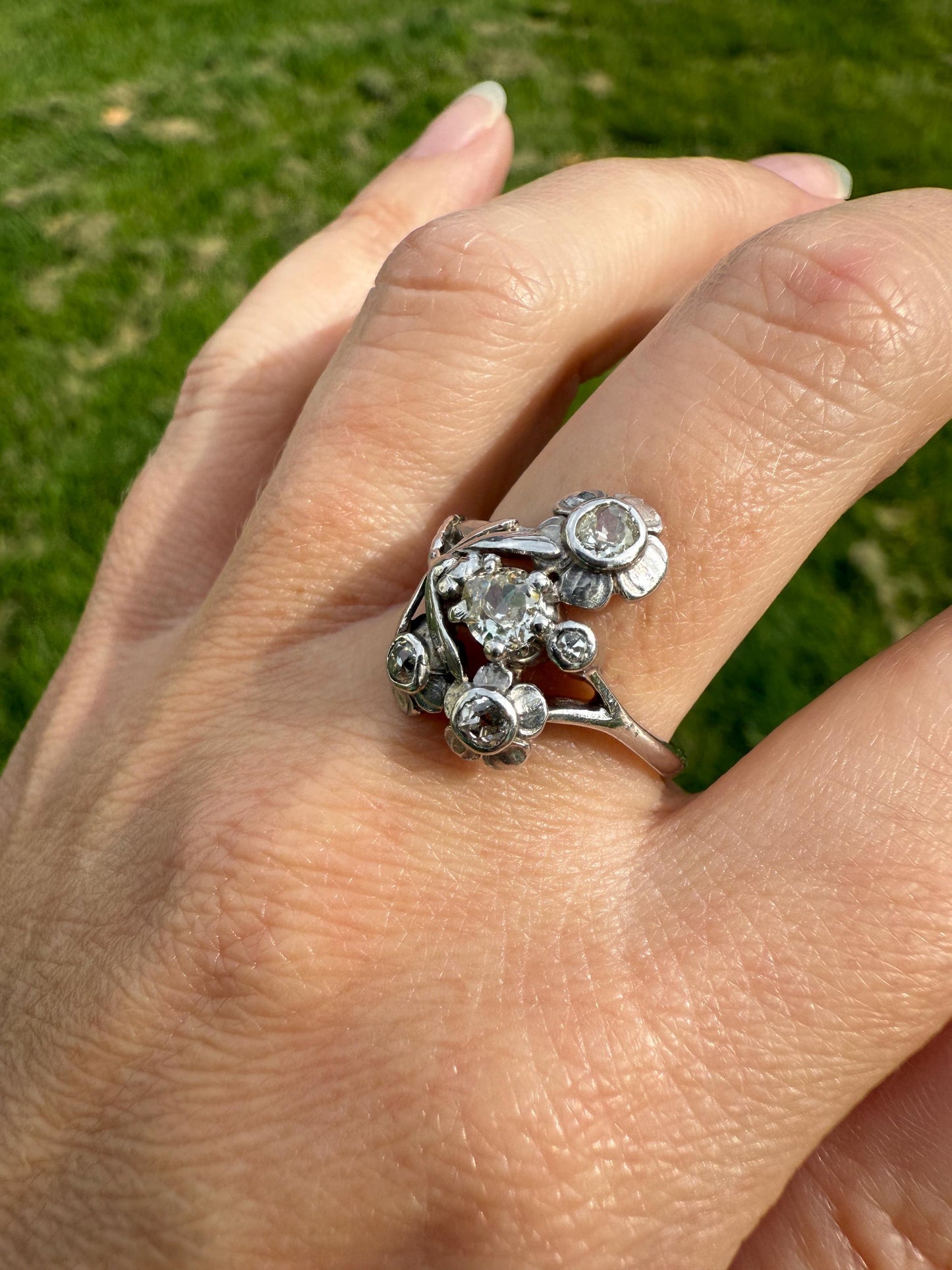 DRAGONFLY Special Dated 1922 Antique Ring 0.7 Carat Old Mine Cut DIAMONDS 18k White Gold Figural Flower Bouquet French Art Deco .7Ctw OMC