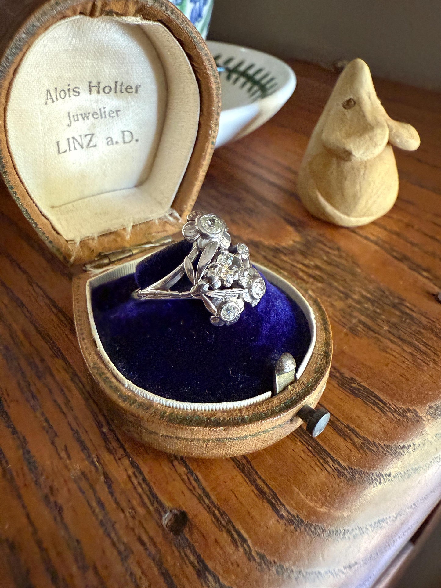 DRAGONFLY Special Dated 1922 Antique Ring 0.7 Carat Old Mine Cut DIAMONDS 18k White Gold Figural Flower Bouquet French Art Deco .7Ctw OMC