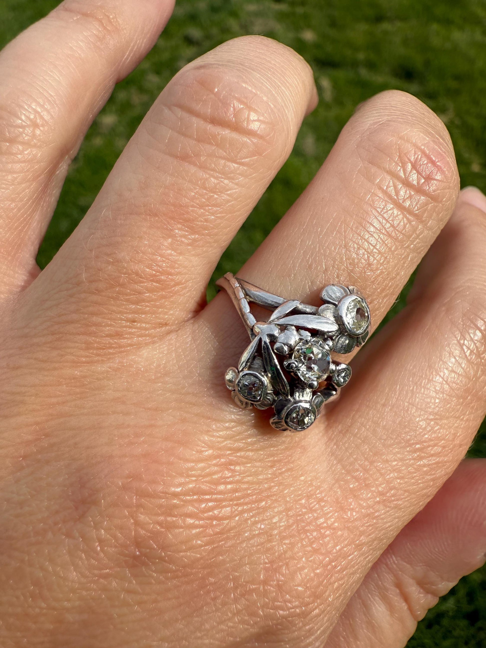 DRAGONFLY Special Dated 1922 Antique Ring 0.7 Carat Old Mine Cut DIAMONDS 18k White Gold Figural Flower Bouquet French Art Deco .7Ctw OMC