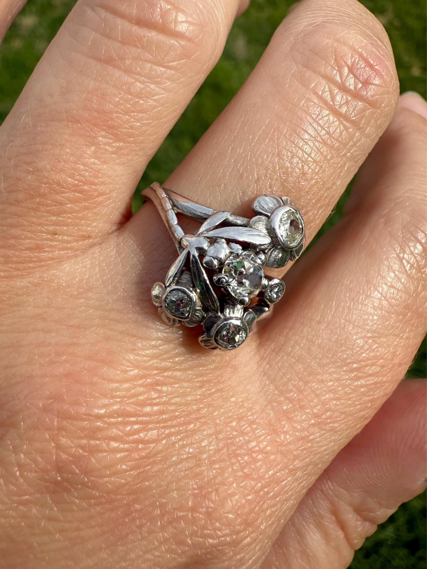 DRAGONFLY Special Dated 1922 Antique Ring 0.7 Carat Old Mine Cut DIAMONDS 18k White Gold Figural Flower Bouquet French Art Deco