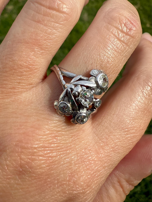 DRAGONFLY Special Dated 1922 Antique Ring 0.7 Carat Old Mine Cut DIAMONDS 18k White Gold Figural Flower Bouquet French Art Deco