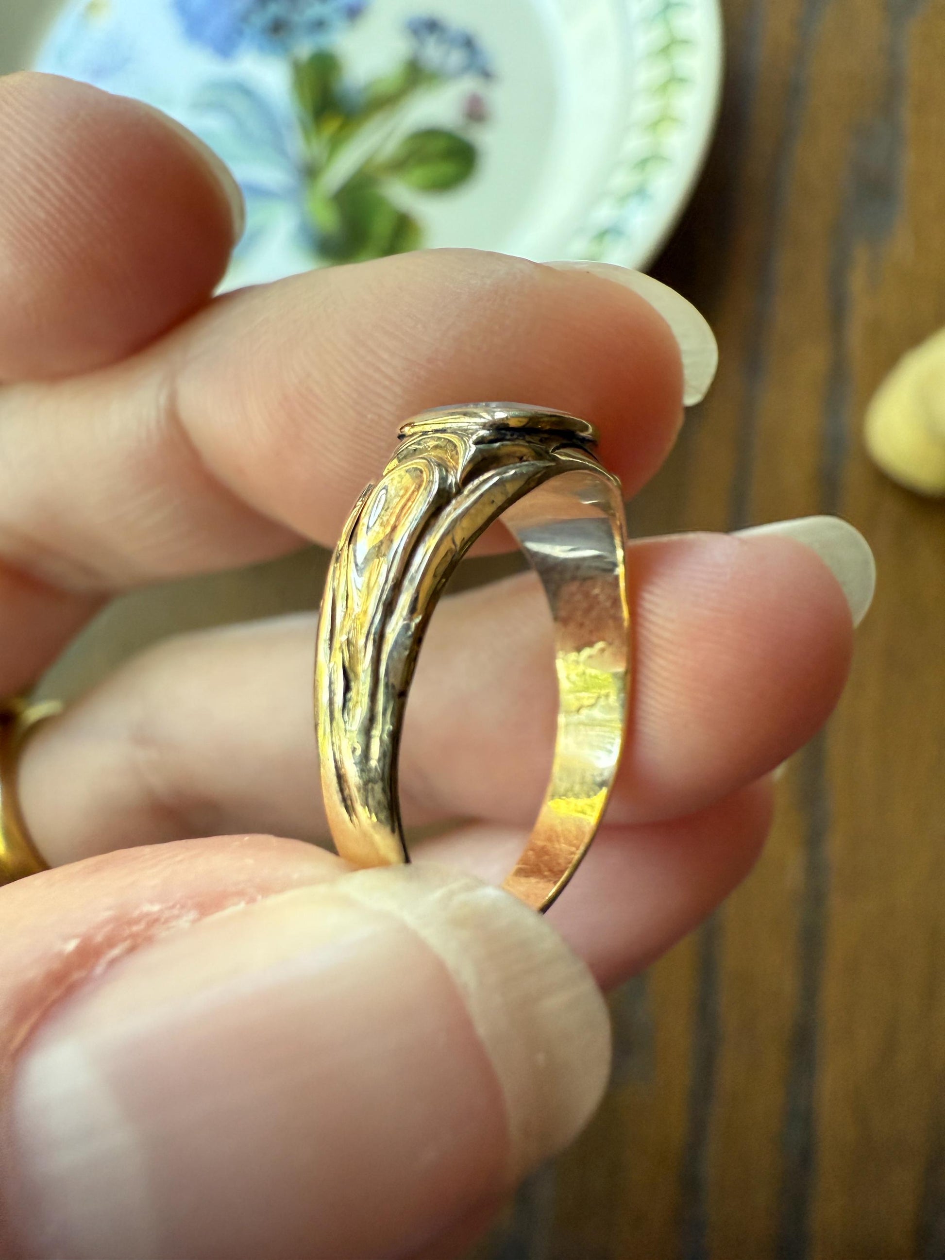 ADIEU Antique Intaglio Engraved White Agate Carnelian Chalcedony Quartz "Goodbye" 14k Gold Wax Seal Signet Ring Victorian Stacker Band