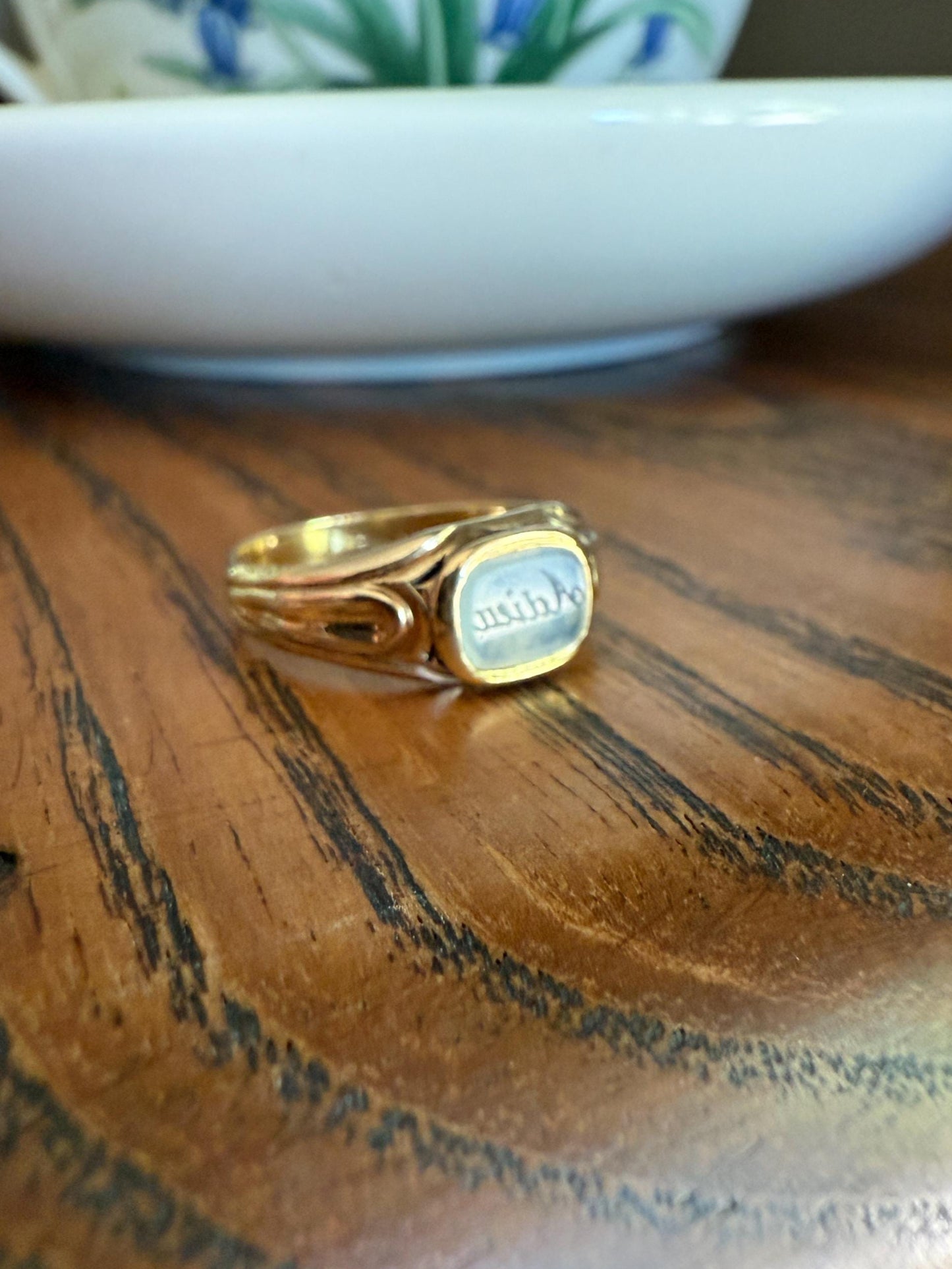 ADIEU Antique Intaglio Engraved White Agate Carnelian Chalcedony Quartz "Goodbye" 14k Gold Wax Seal Signet Ring Victorian Stacker Band
