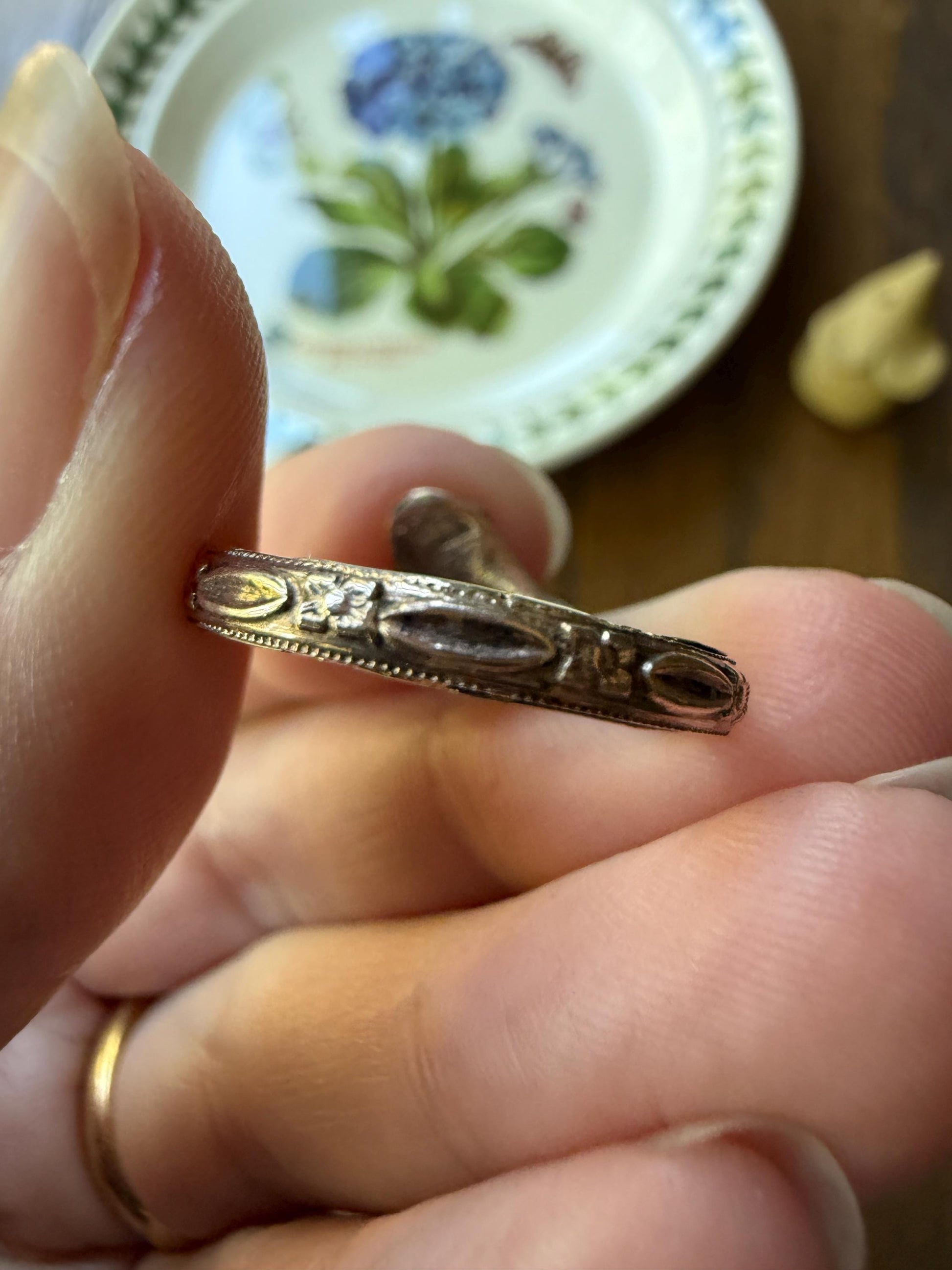 SNAKE Dated 1856 FLORAL Orange Blossom Forget Me Not Shank Victorian Band Garnet Eyes 14k Gold Figural Ring Animal Stacker Engraved Ooak