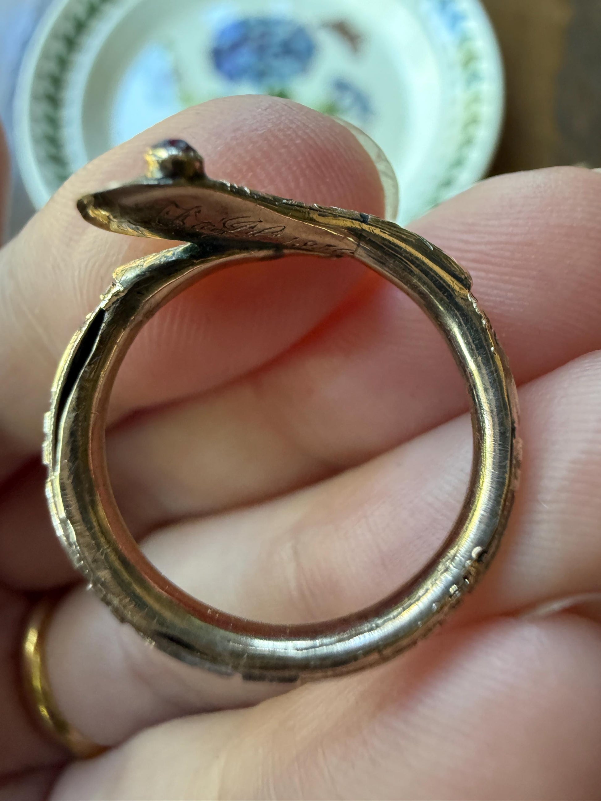 SNAKE Dated 1856 FLORAL Orange Blossom Forget Me Not Shank Victorian Band Garnet Eyes 14k Gold Figural Ring Animal Stacker Engraved Ooak