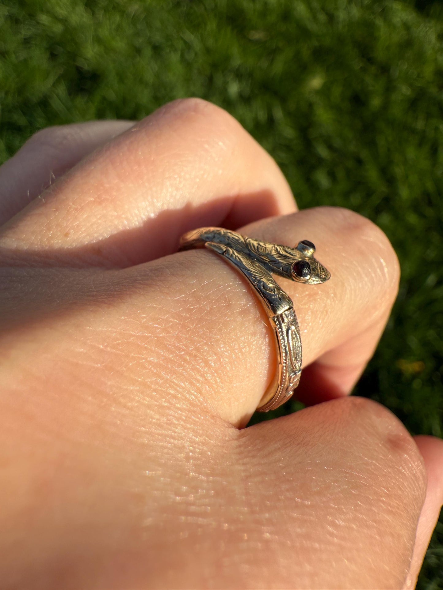 SNAKE Dated 1856 FLORAL Orange Blossom Forget Me Not Shank Victorian Band Garnet Eyes 14k Gold Figural Ring Animal Stacker Engraved Ooak