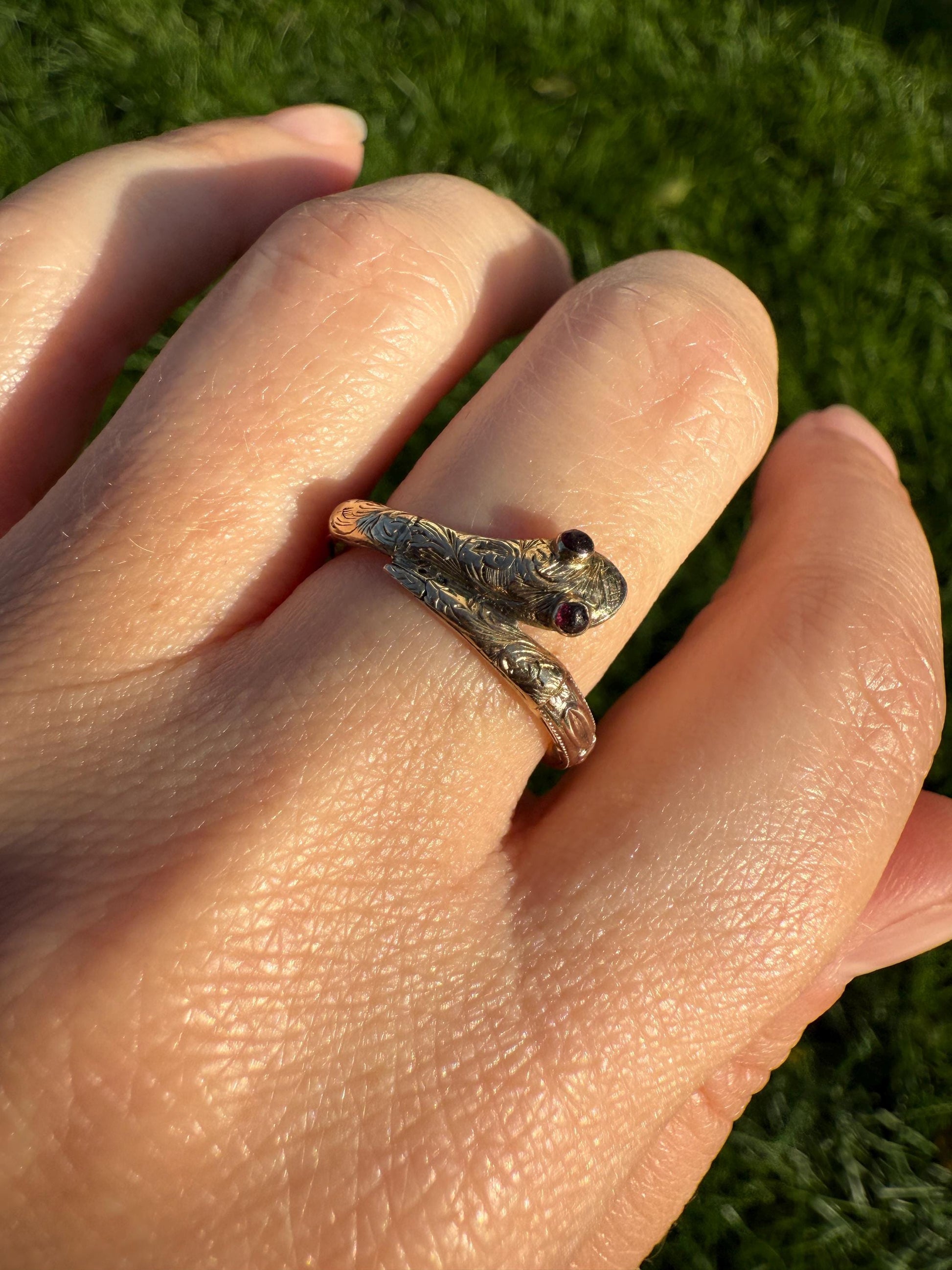 SNAKE Dated 1856 FLORAL Orange Blossom Forget Me Not Shank Victorian Band Garnet Eyes 14k Gold Figural Ring Animal Stacker Engraved Ooak