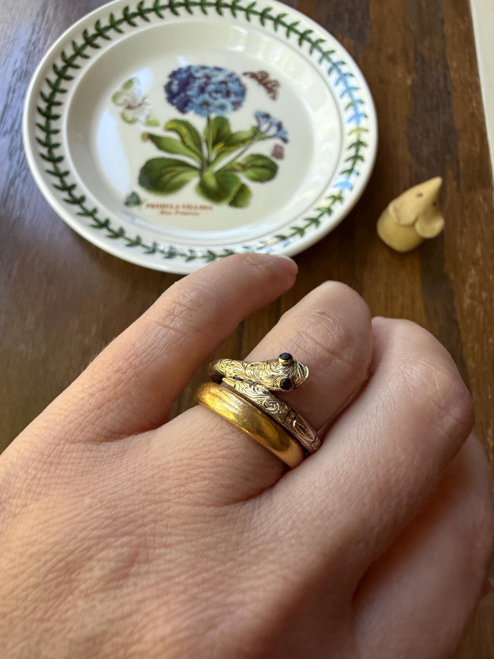 SNAKE Dated 1856 FLORAL Orange Blossom Forget Me Not Shank Victorian Band Garnet Eyes 14k Gold Figural Ring Animal Stacker Engraved Ooak