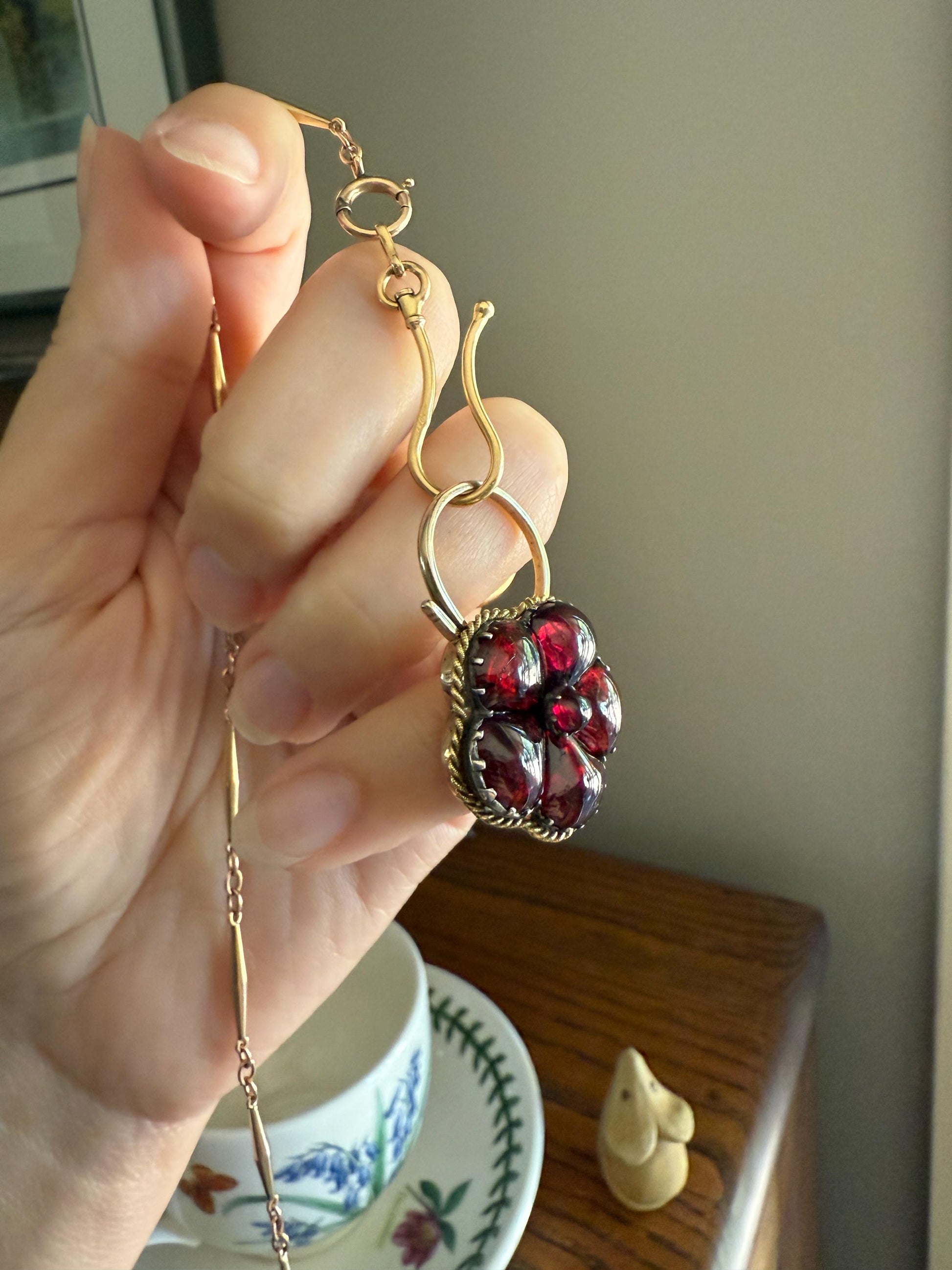 PANSY Floral PADLOCK Victorian Antique Juicy GARNET 14k Gold Solid Pendant Figural Romantic Gift Love Reversible Bracelet Necklace Clasp