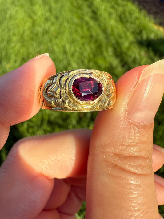 GARNET Victorian Antique Chunky FLORAL Wide Band 18k Gold Ring French Embossed Roses Purple East West Bezel Set Stacker Heavy Romantic Gift