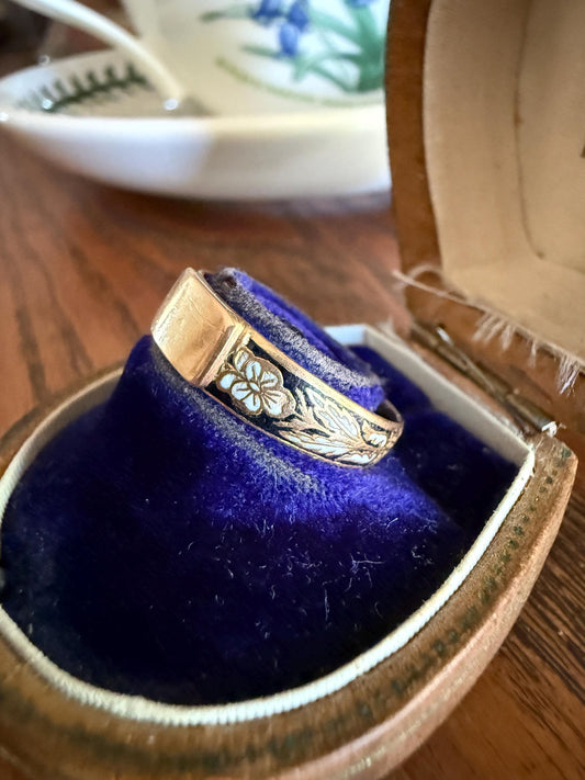 PANSY Antique FRENCH Regional Black Enamel 18k Gold Blank Signet Wedding Band Ring Floral Think of Me Stacker Romantic Gift Traditional