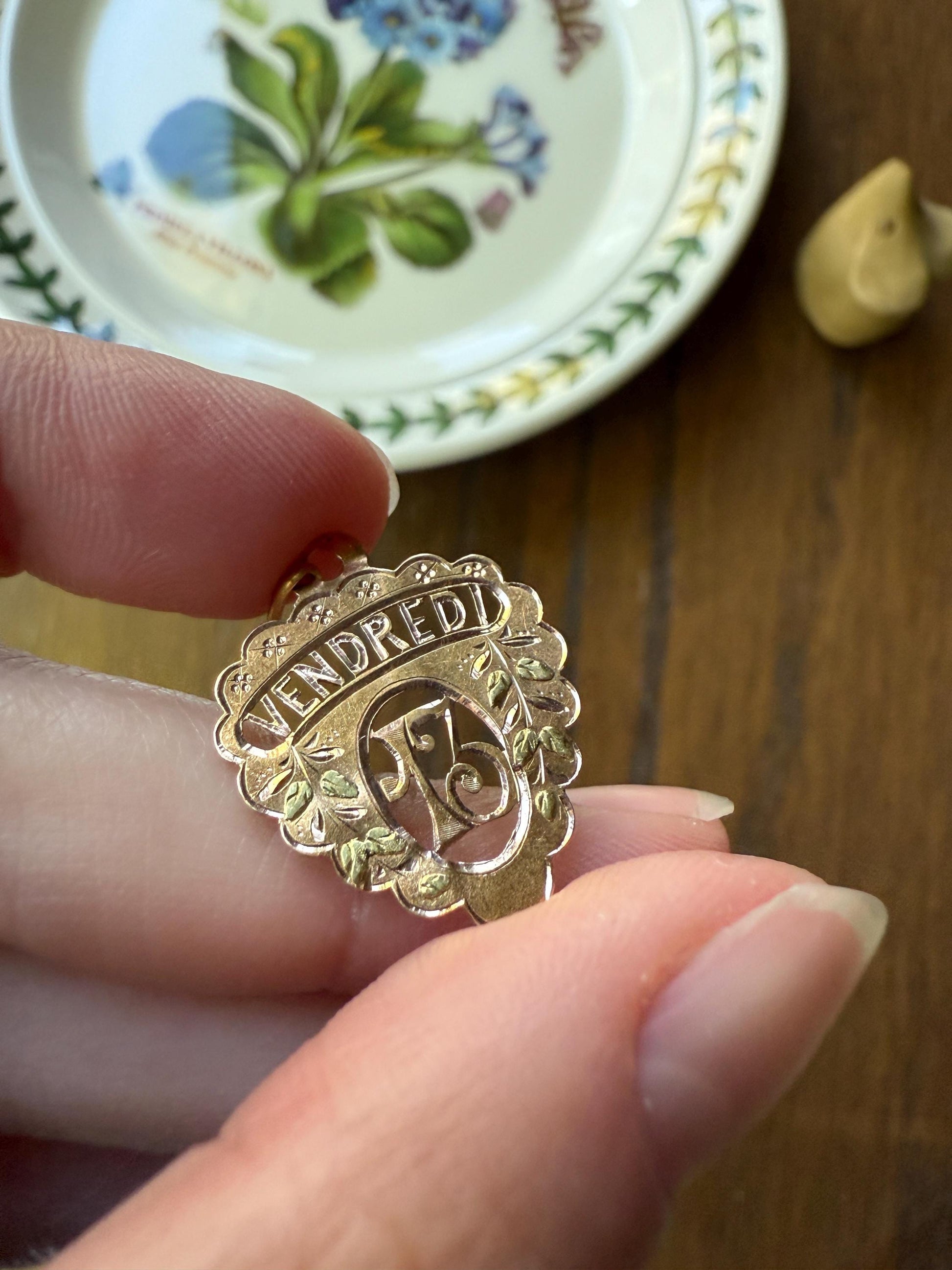 FRIDAY the Thirteenth 13th Antique French Love Medal Tricolor 18k Gold PENDANT Belle Epoque Charm Floral Lucky Gift Rose Green Figural