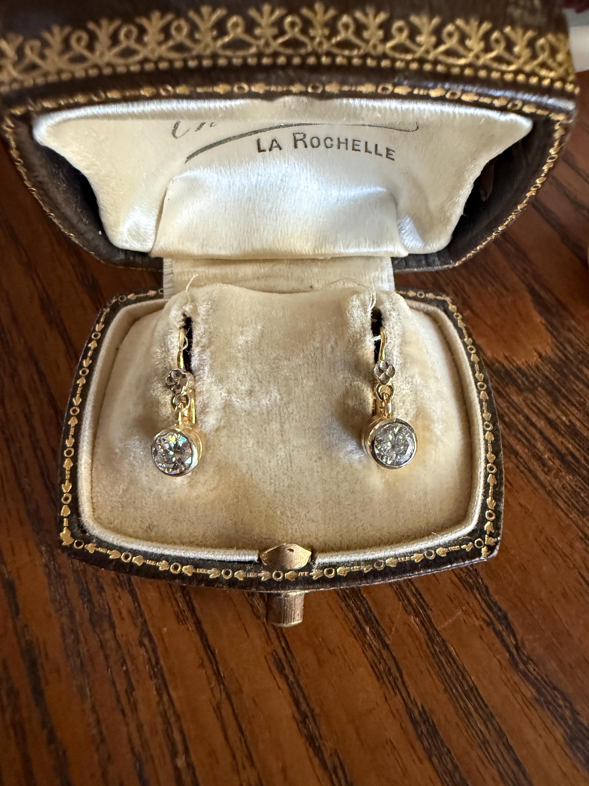 FRENCH Vintage 18k GOLD .75 Carat Tdw Transitional Cut Diamond Earrings Dangle Dormeuse Gift Belle Epoque Bridal Something Old Bezel Set