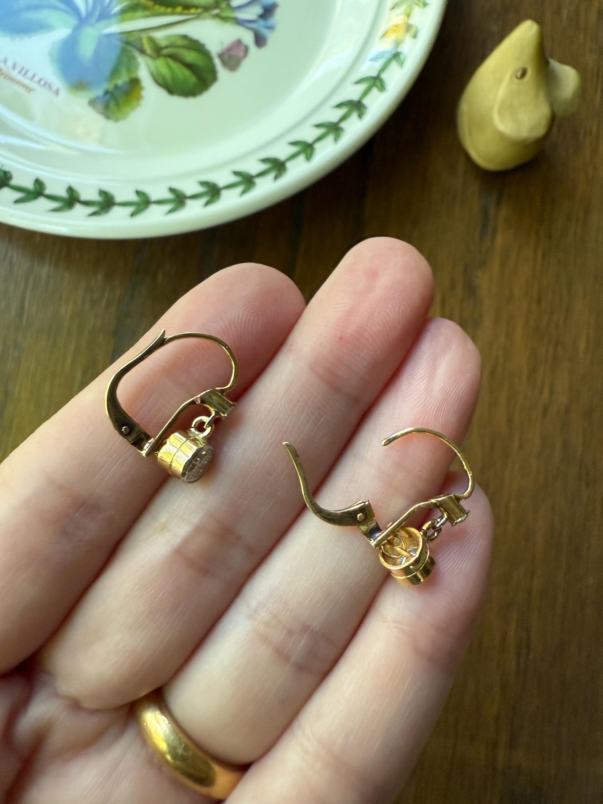 FRENCH Vintage 18k GOLD .75 Carat Tdw Transitional Cut Diamond Earrings Dangle Dormeuse Gift Belle Epoque Bridal Something Old Bezel Set