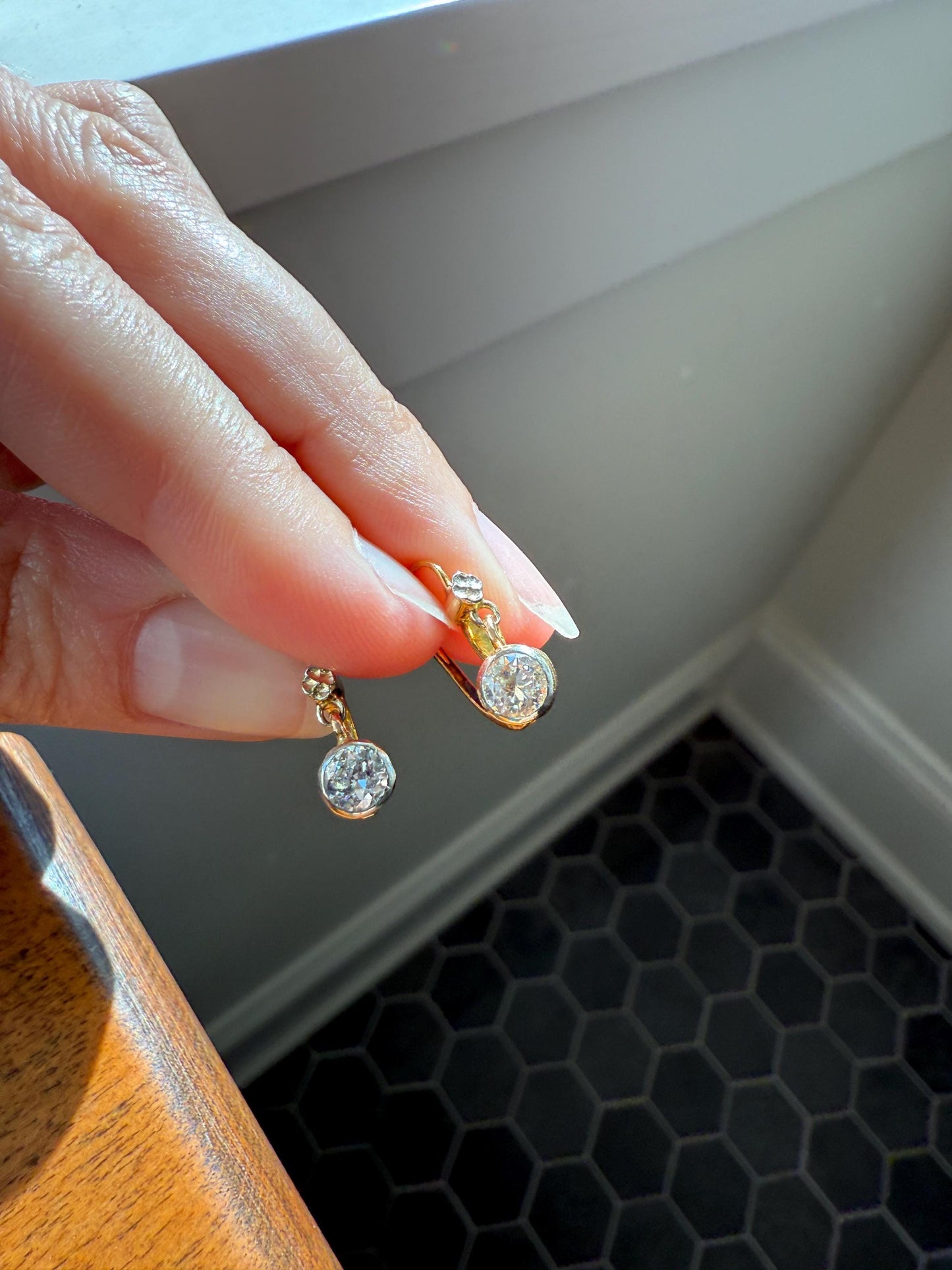 FRENCH Vintage 18k GOLD .75 Carat Tdw Transitional Cut Diamond Earrings Dangle Dormeuse Gift Belle Epoque Bridal Something Old Bezel Set
