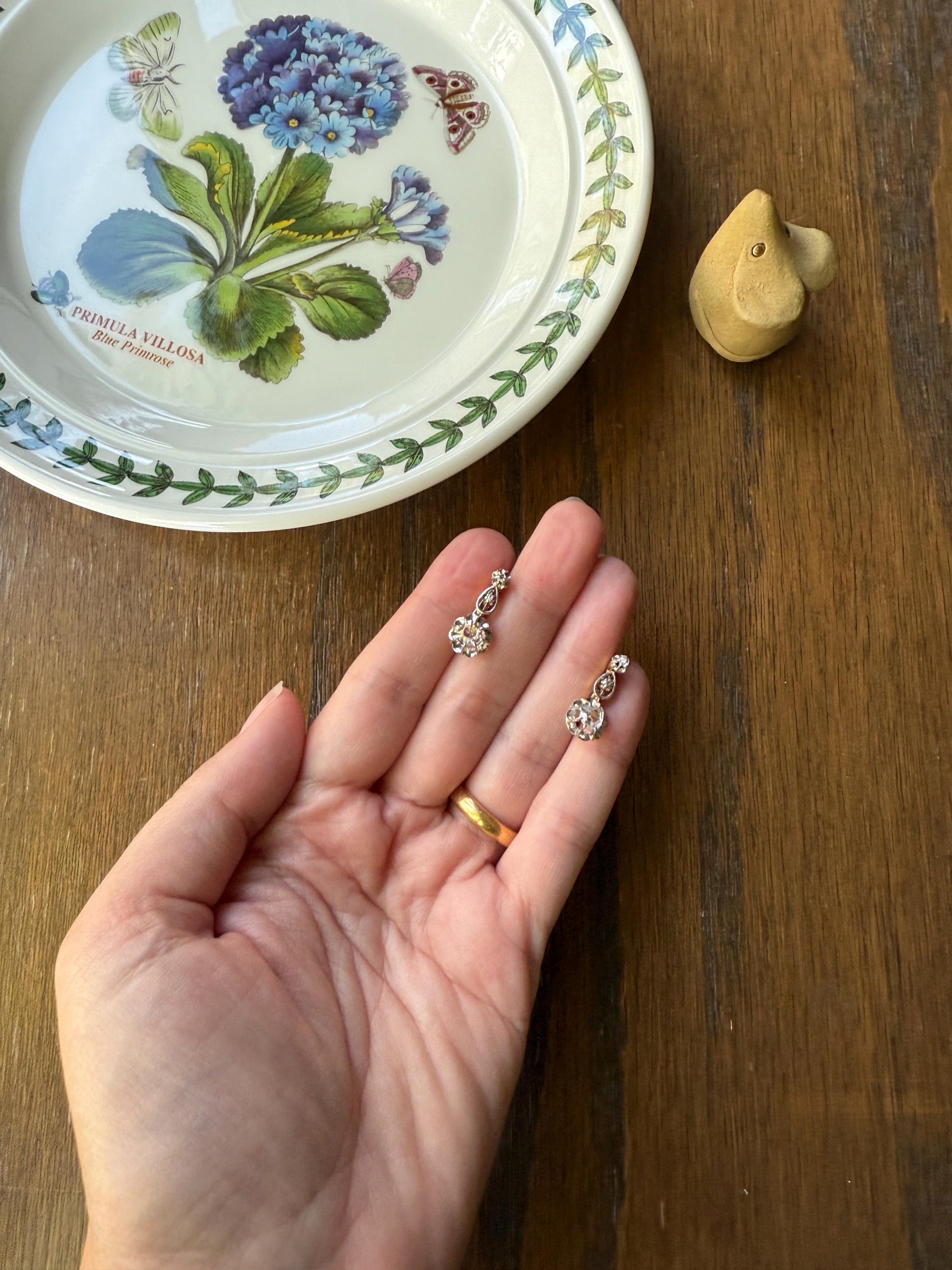 FRENCH Antique 18k GOLD Rose Cut Diamond Earrings Dangle Dormeuse Gift Belle Epoque Bridal Something Old Edwardian Teardrop Three Stone