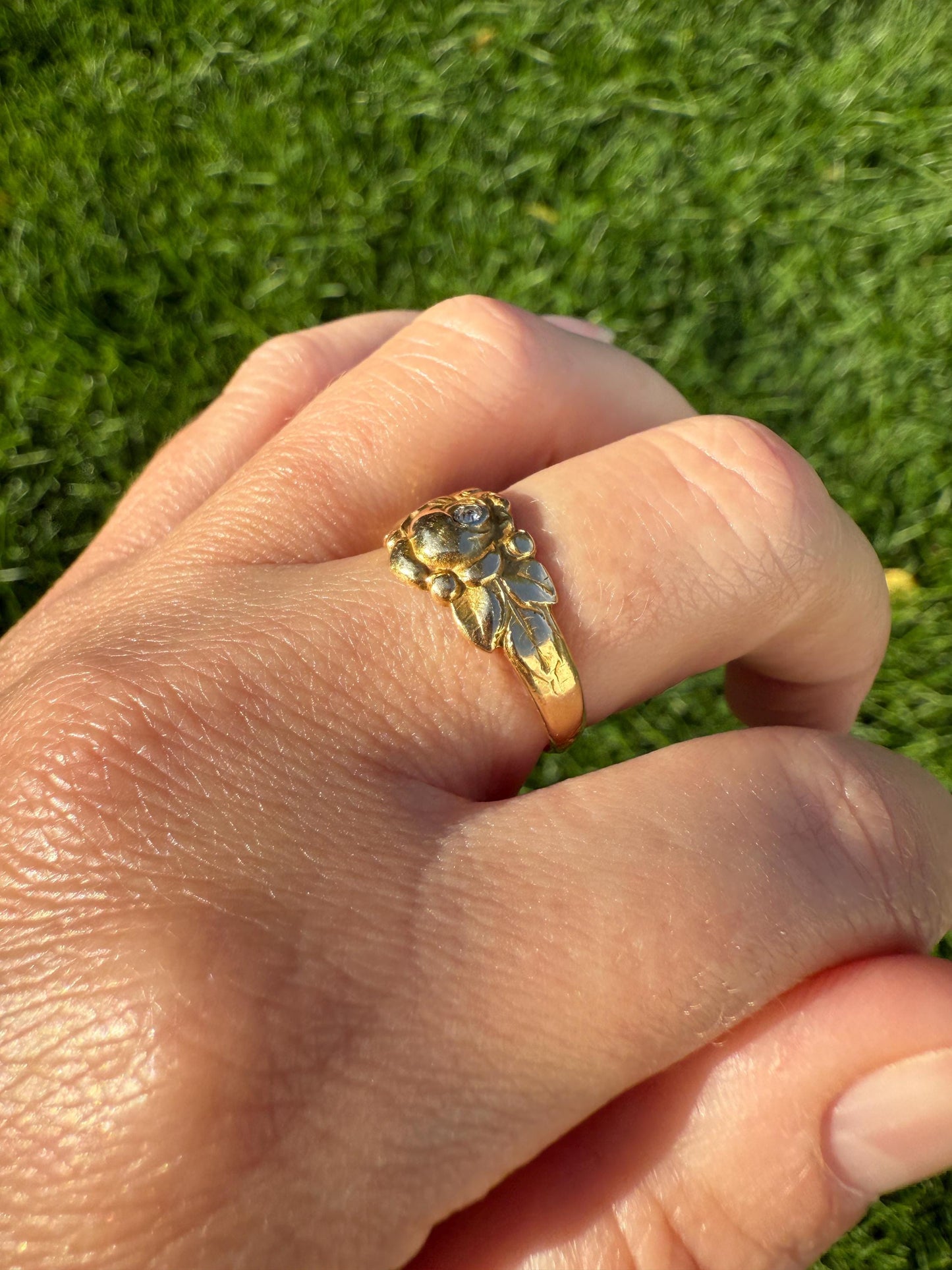 French Antique Figural ROSE Leaf Bud Old Cut Diamond 18k Gold Ring Floral Art Nouveau Belle Epoque Romantic Gift Flower Sweet Stacker