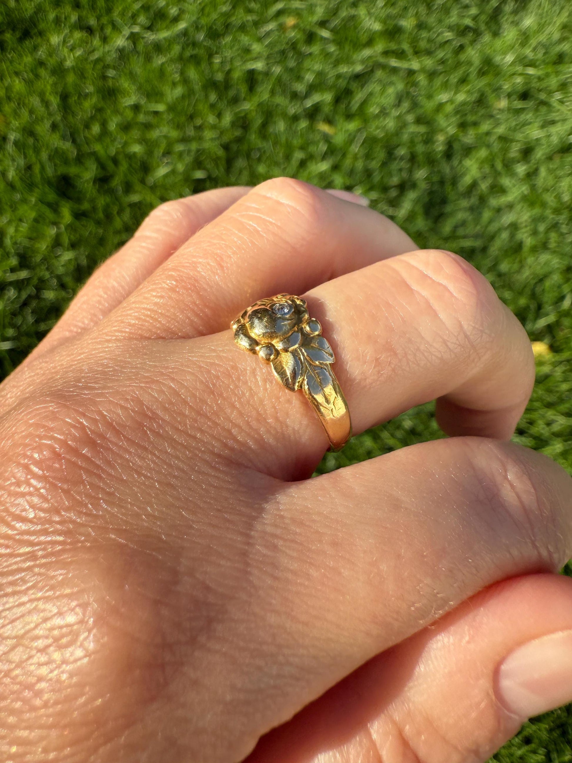 French Antique Figural ROSE Leaf Bud Old Cut Diamond 18k Gold Ring Floral Art Nouveau Belle Epoque Romantic Gift Flower Sweet Stacker