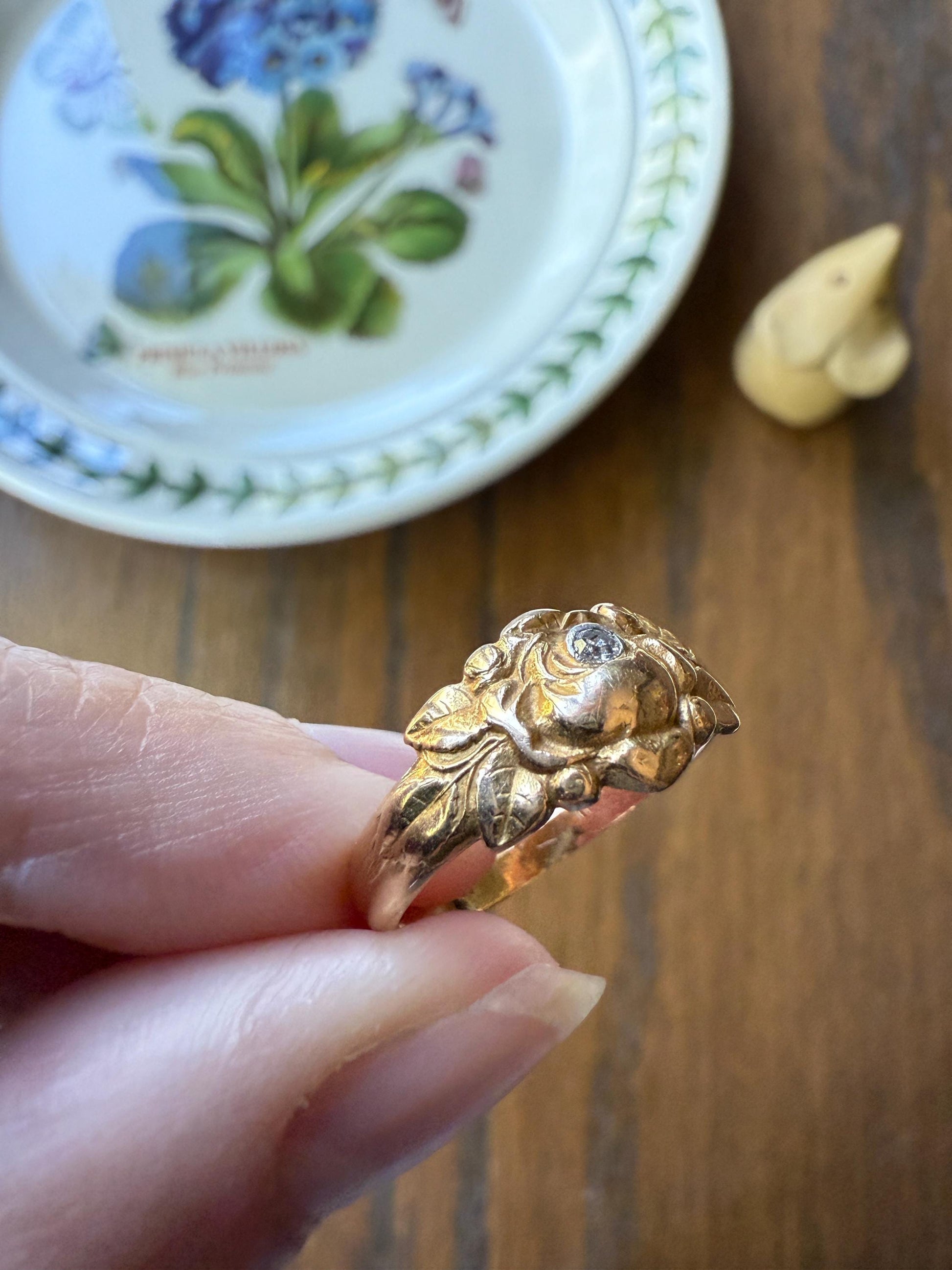 French Antique Figural ROSE Leaf Bud Old Cut Diamond 18k Gold Ring Floral Art Nouveau Belle Epoque Romantic Gift Flower Sweet Stacker