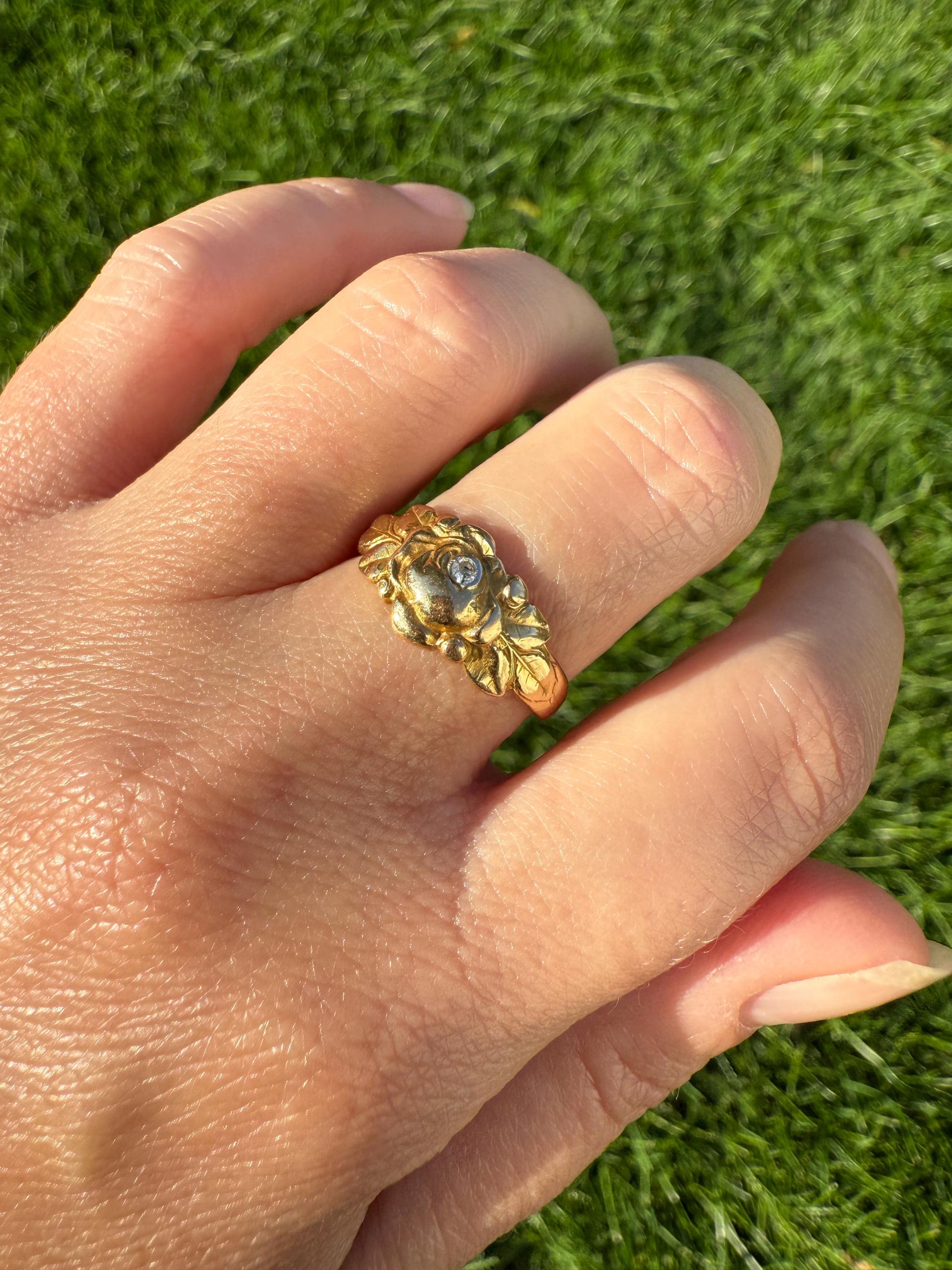French Antique Figural ROSE Leaf Bud Old Cut Diamond 18k Gold Ring Floral Art Nouveau Belle Epoque Romantic Gift Flower Sweet Stacker